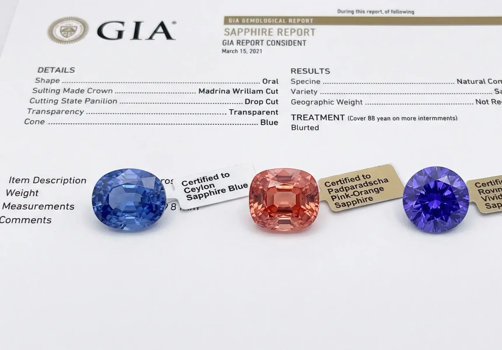 Three certified sapphires — blue, padparadscha and violet — laid on a gemological report with their certification tags