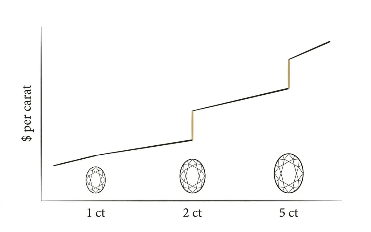 Chart of price per carat climbing in steps at one, two and five carats, with oval stones increasing in size
