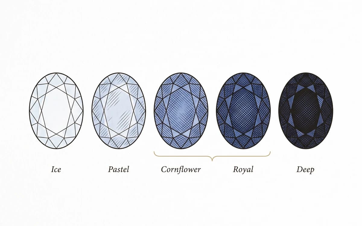 Diagram of five sapphire colour grades from ice and pastel to cornflower, royal and deep blue with cornflower and royal marked as the most valuable band