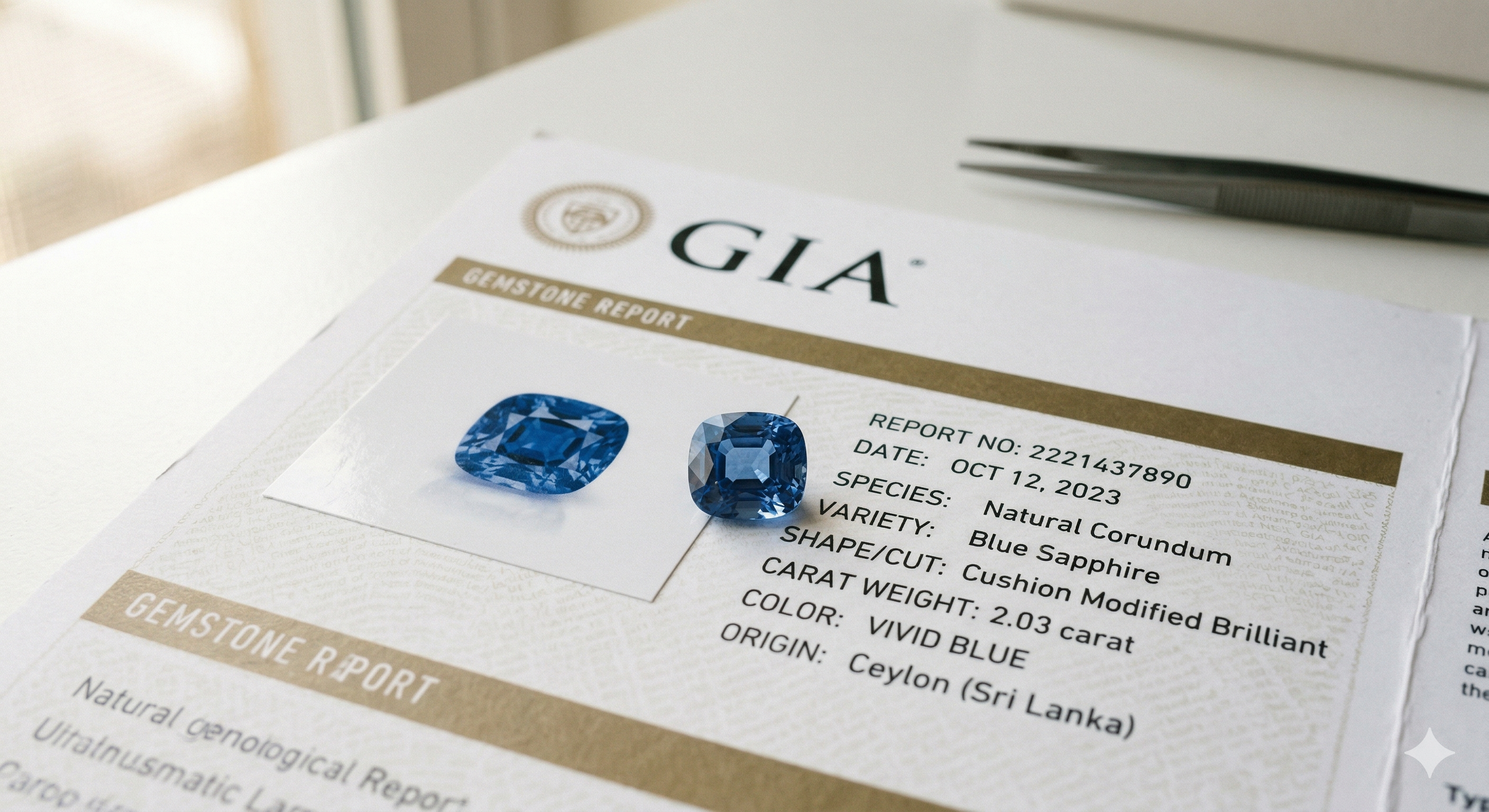 Cushion-cut vivid blue sapphire on a GIA Gemstone Report listing Ceylon (Sri Lanka) as geographic origin.