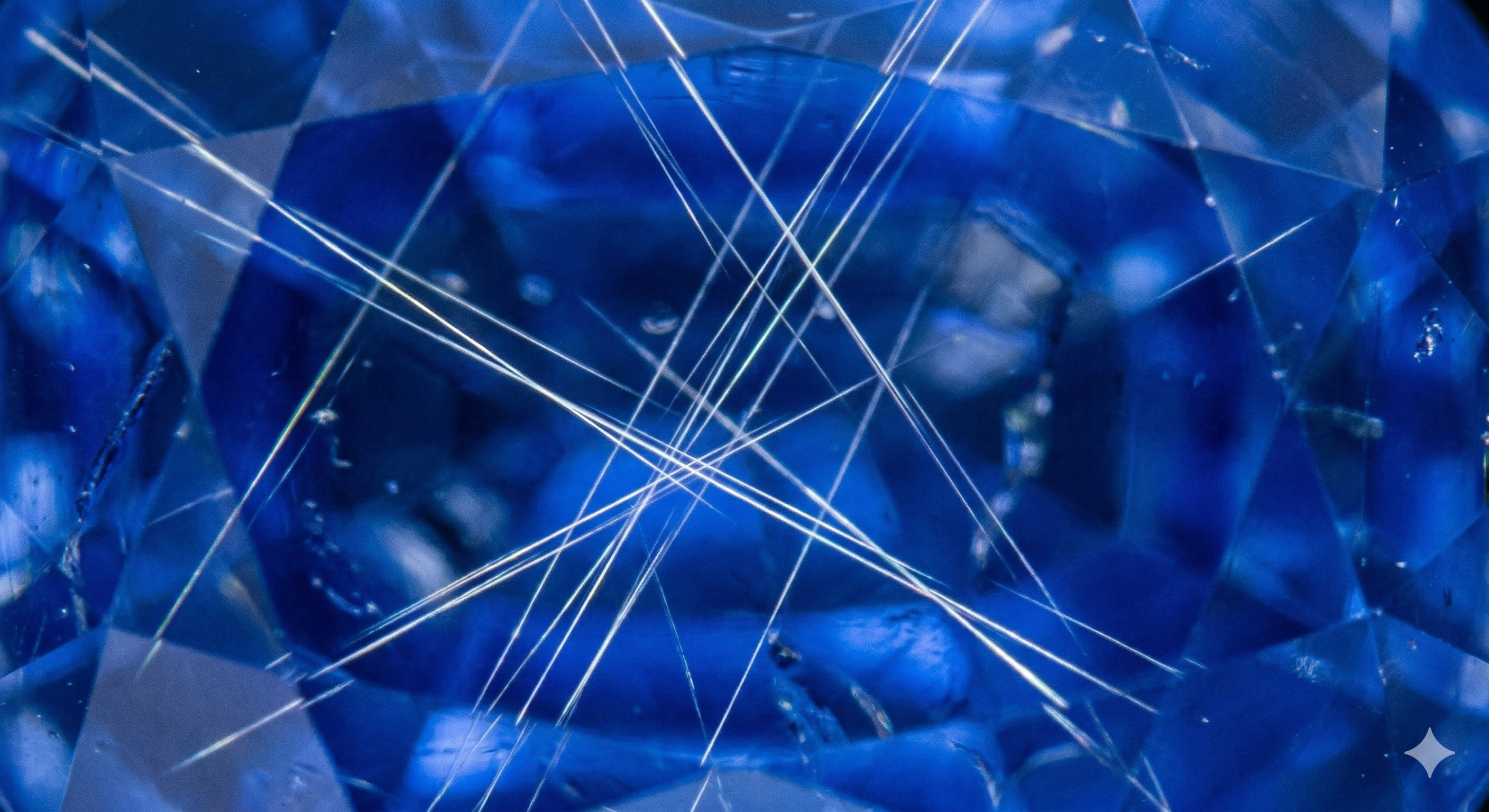 High-magnification view into a blue sapphire showing rutile needle inclusions (silk) intersecting at characteristic angles.
