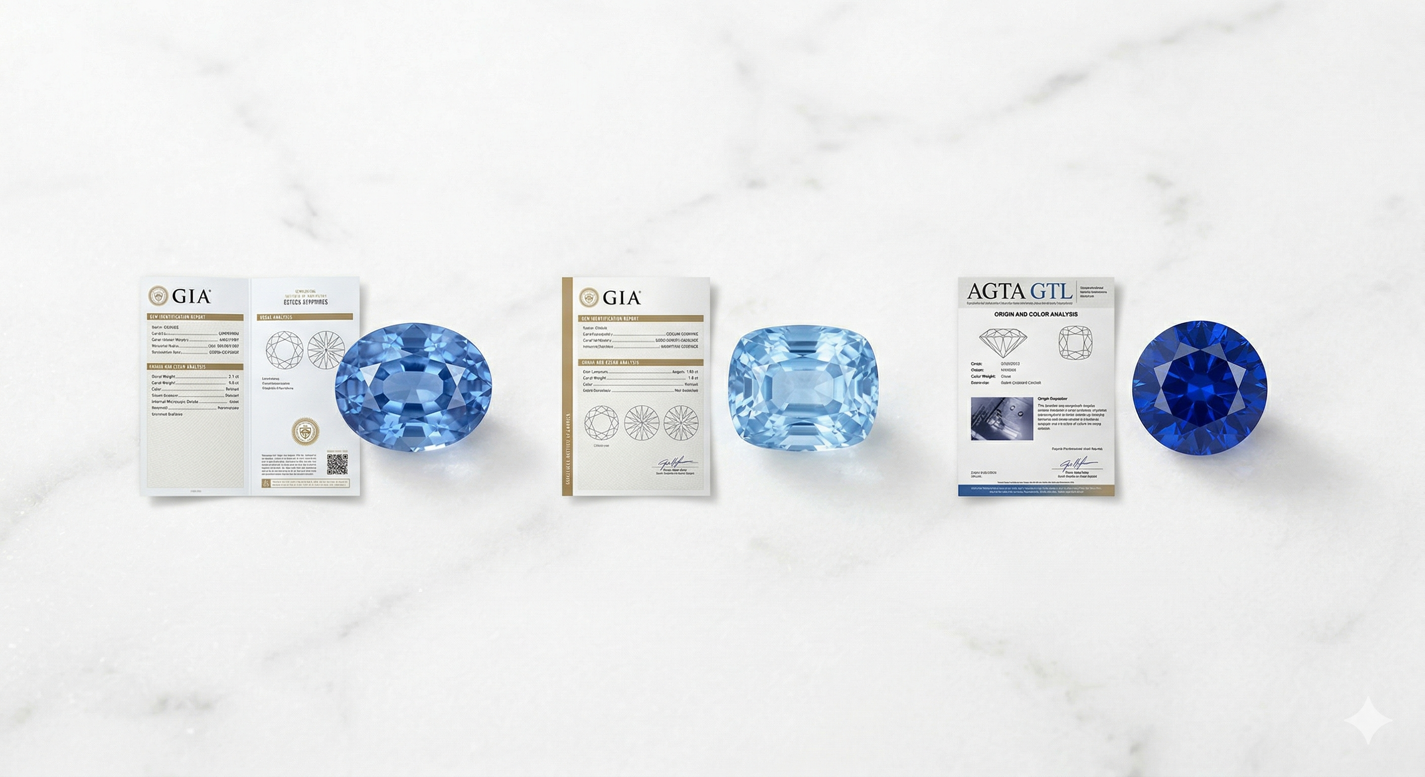 Three blue sapphires in oval, cushion, and round cuts on marble, each beside its laboratory report from GIA or AGTA GTL.