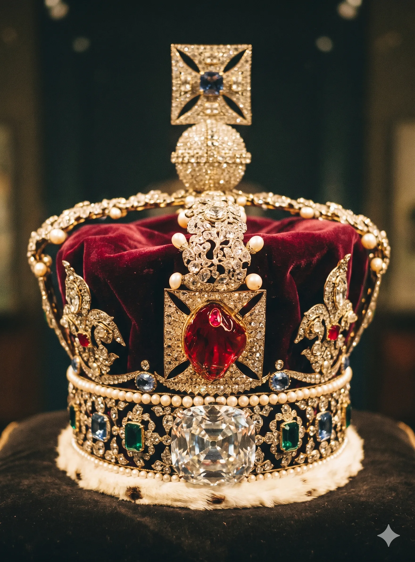 Overhead flat lay on dark charcoal linen of two loose faceted stones side by side: a cushion-cut deep red Sri Lankan spinel on the left and a cushion-cut cornflower blue Ceylon sapphire on the right, with a polished brass jeweler's loupe beside them.