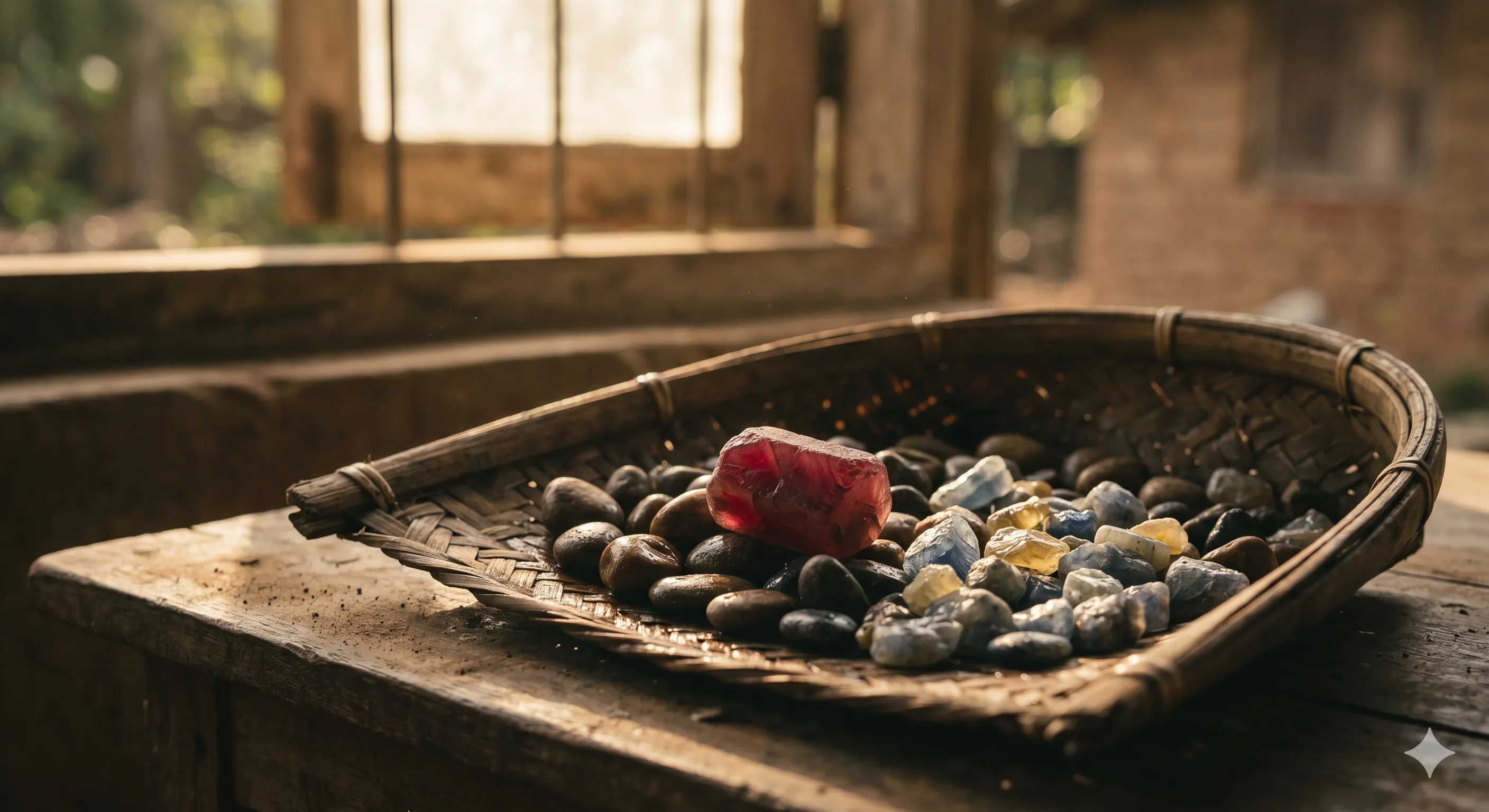 Overhead flat lay of a small parcel of five loose faceted red spinels of varying sizes arranged on a white paper parcel sheet on a dark wooden desk, alongside a jeweler's loupe and steel tweezers.