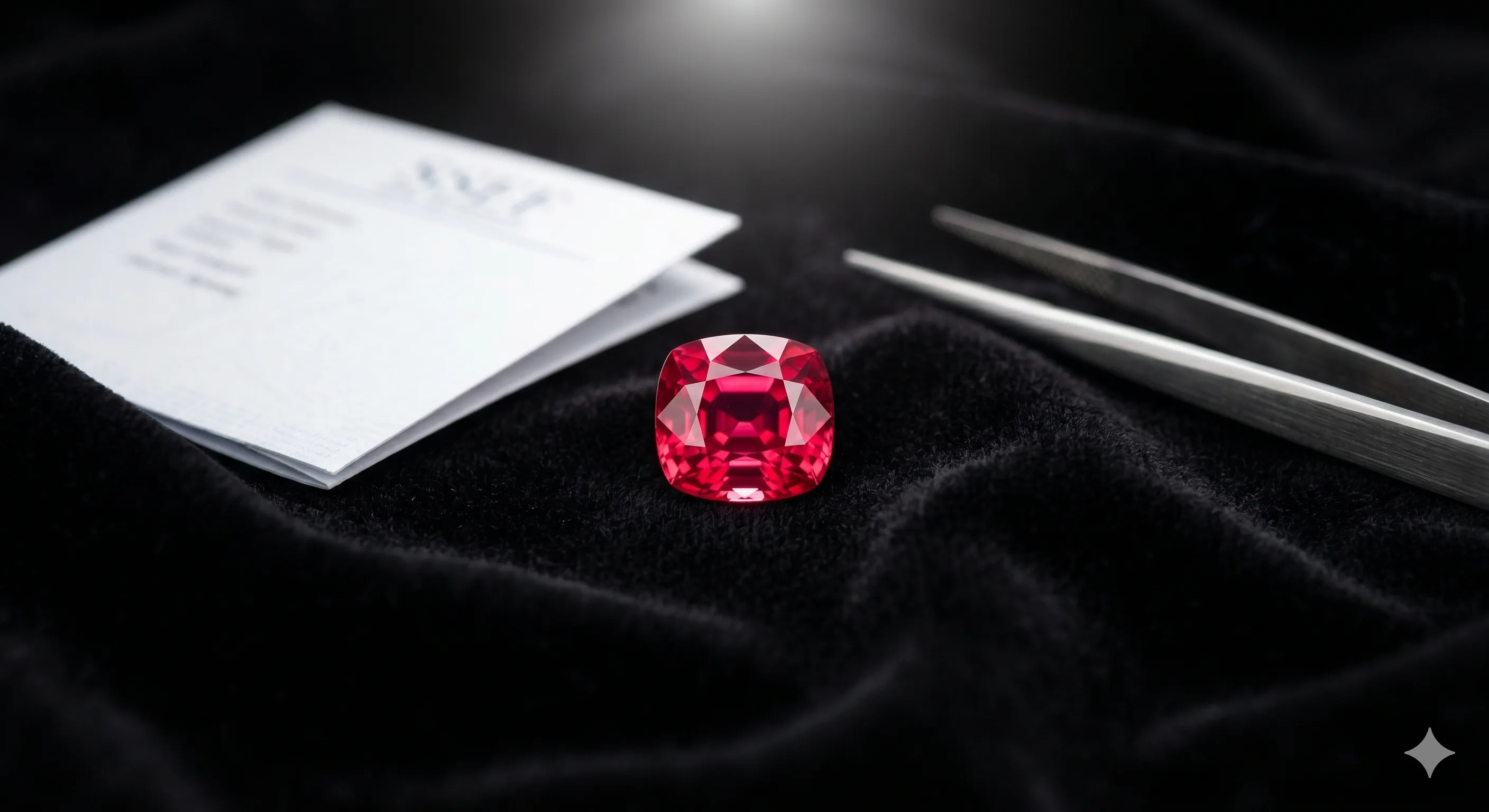 Side profile macro shot of a cushion-cut red spinel set in a low-profile four-prong ring setting, resting on a dark linen surface with soft directional lighting highlighting the stone's interior fire.