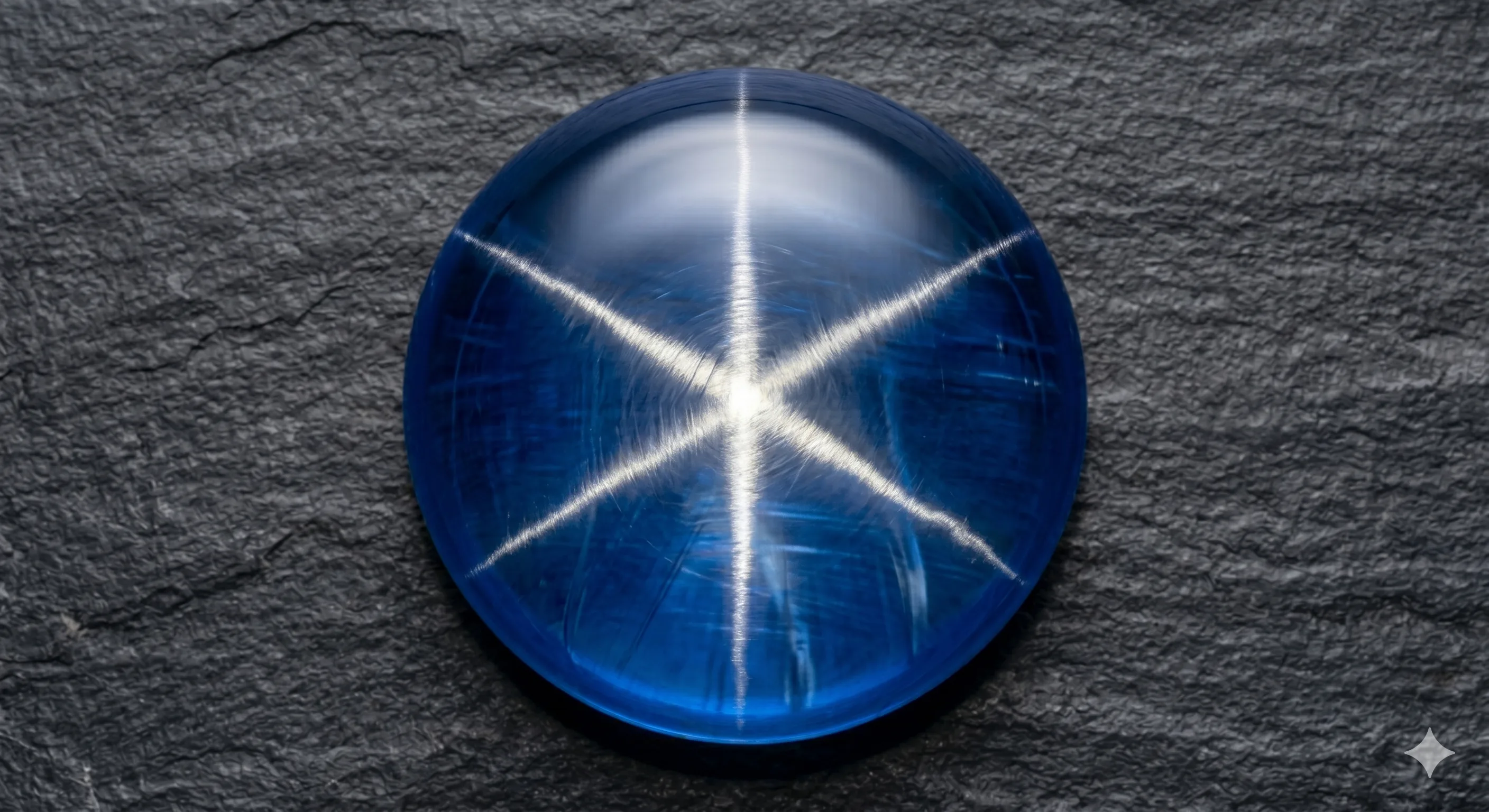 Macro overhead shot of a six-rayed cabochon star sapphire on black velvet, the three intersecting silver-white rays sharply defined under a single directional light.