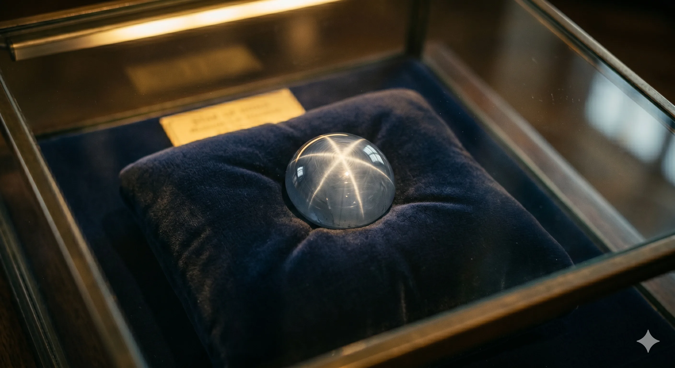 Historical-style photograph of the Star of India on a dark velvet display cushion inside a museum case, with soft overhead lighting highlighting the six-rayed star on the blue-grey dome.