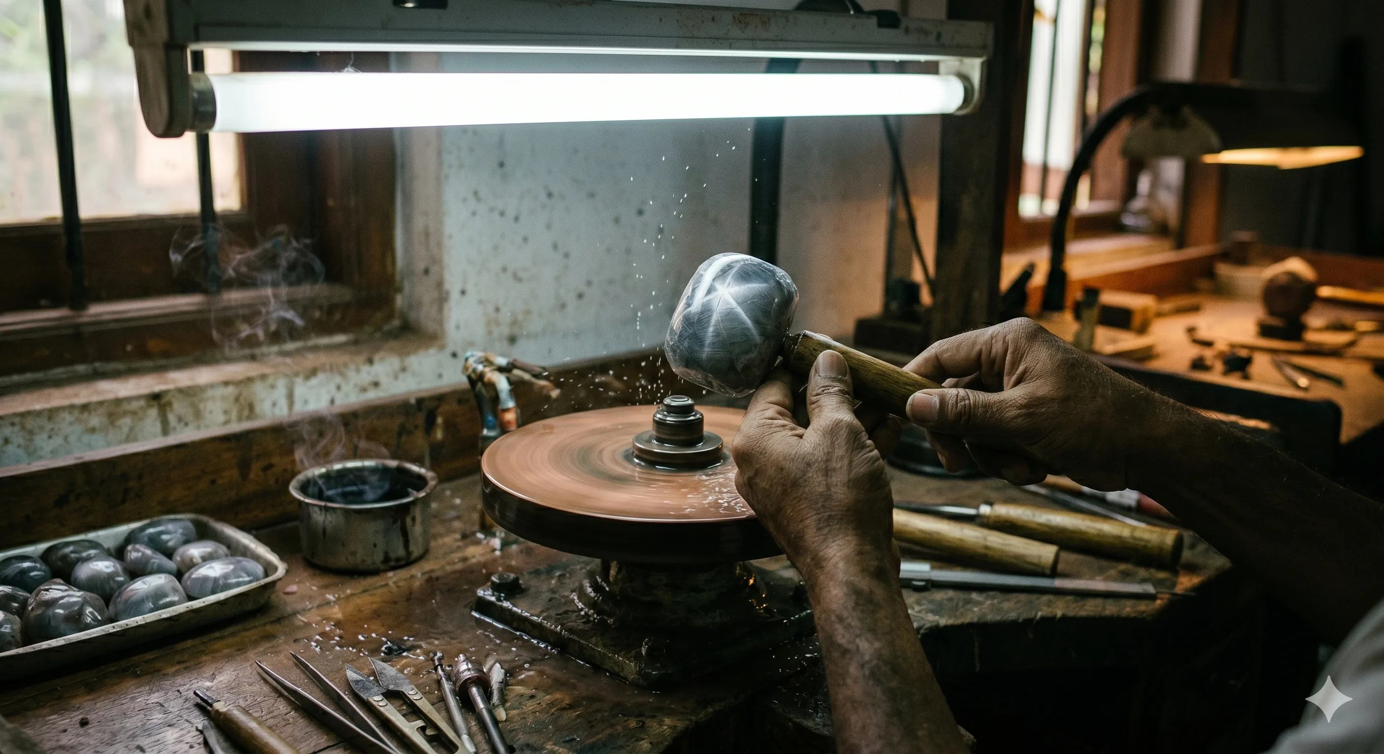 Close-up of a traditional Sri Lankan gem cutter at a wooden lapidary bench, hands holding rough corundum under an overhead fluorescent tube, visible star pattern reflecting on the dome as he tilts the stone.
