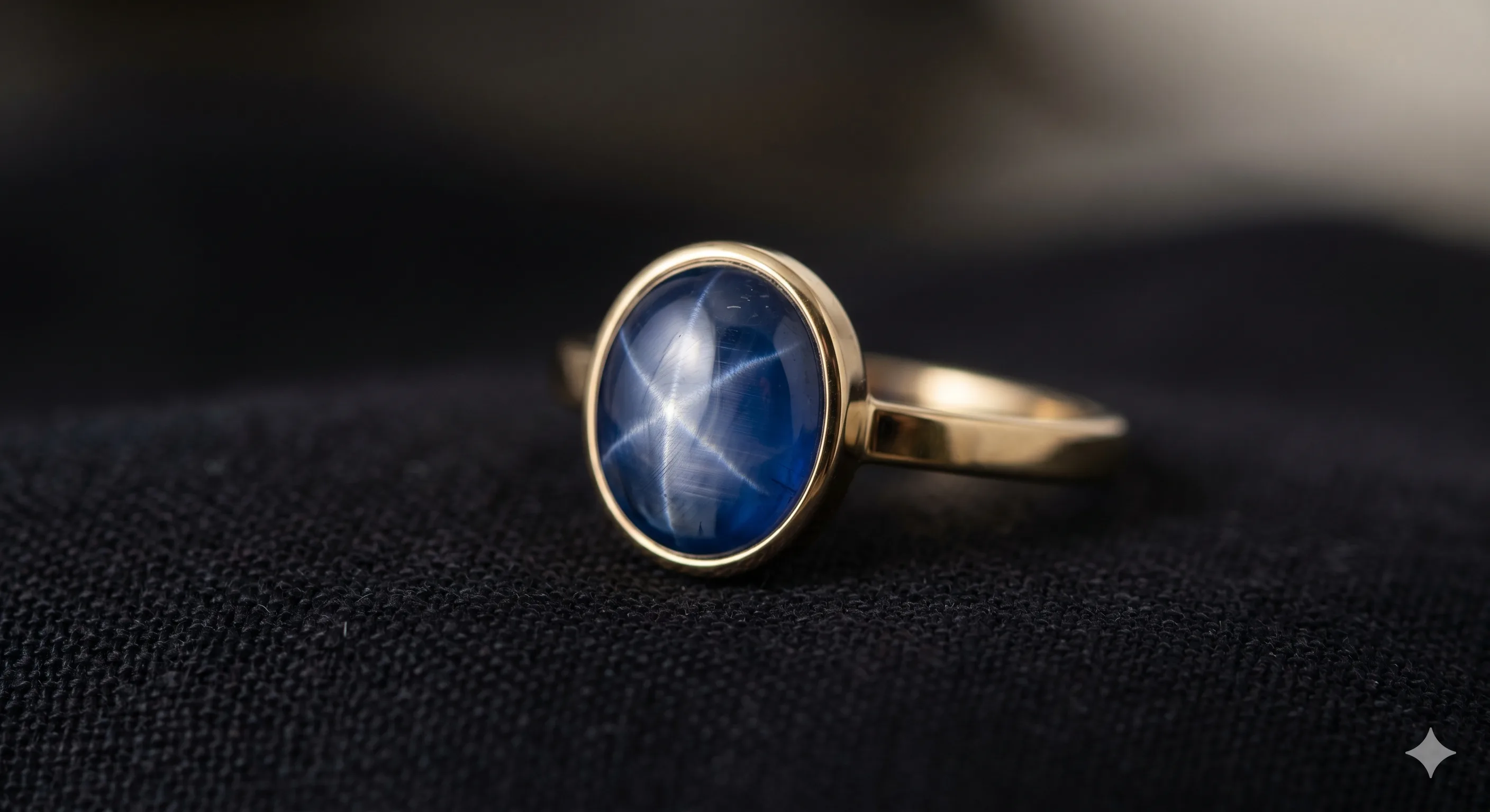 A cushion-style star sapphire cabochon set in a low-profile bezel ring on a black velvet surface, the star visible as the stone is tilted slightly into the light.