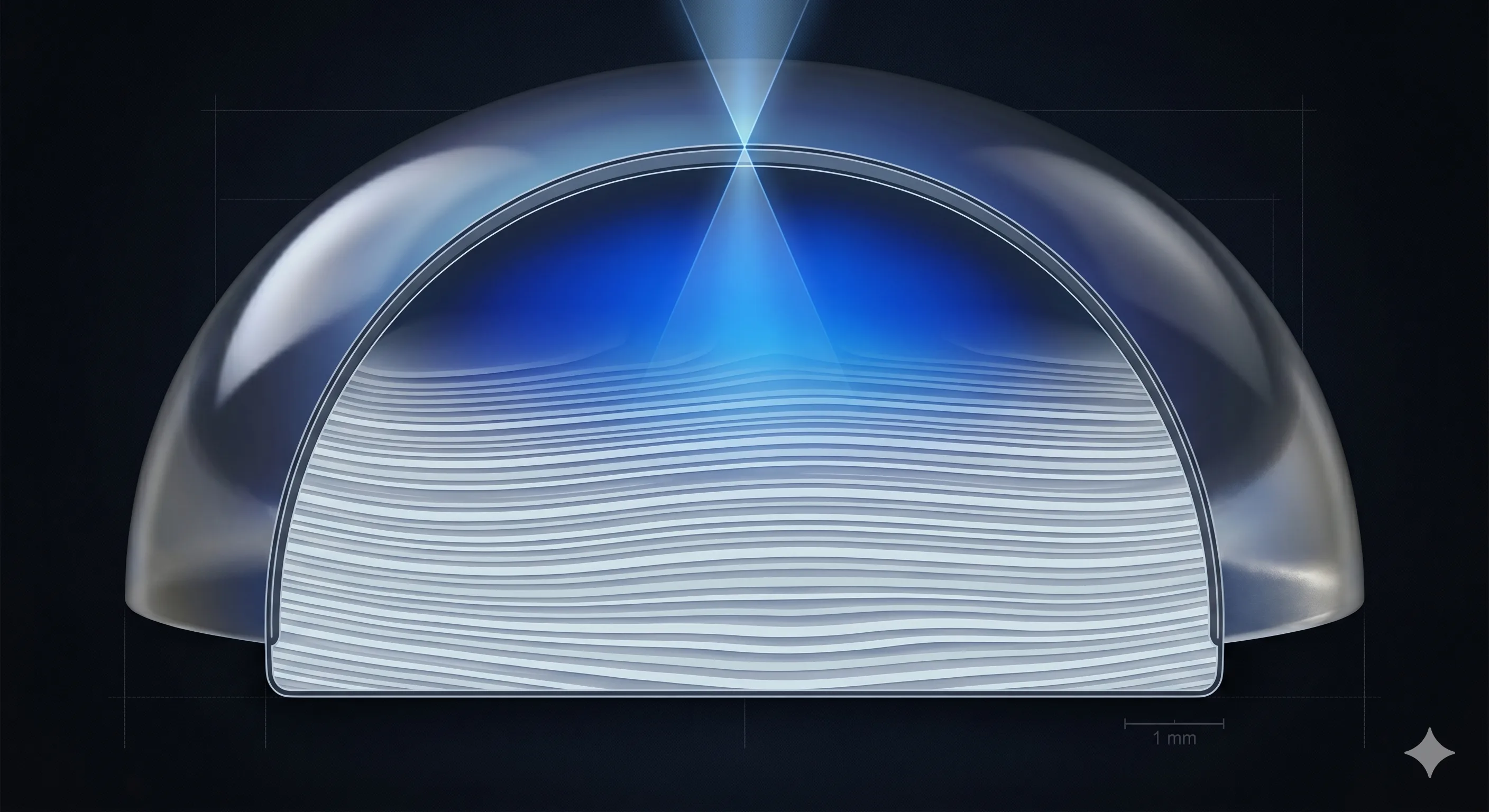 Diagram showing alternating orthoclase and albite feldspar layers inside a Ceylon moonstone cabochon with blue adularescence rising toward the dome