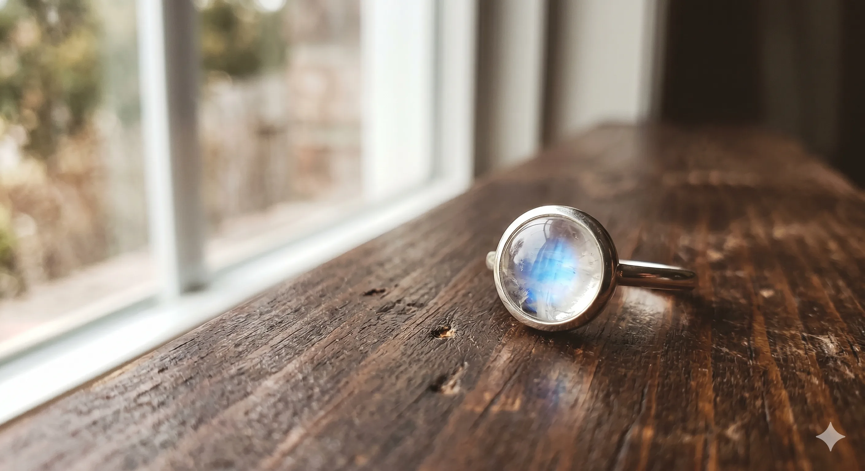 A colorless Ceylon moonstone set in a close bezel ring photographed under natural window light on dark fabric