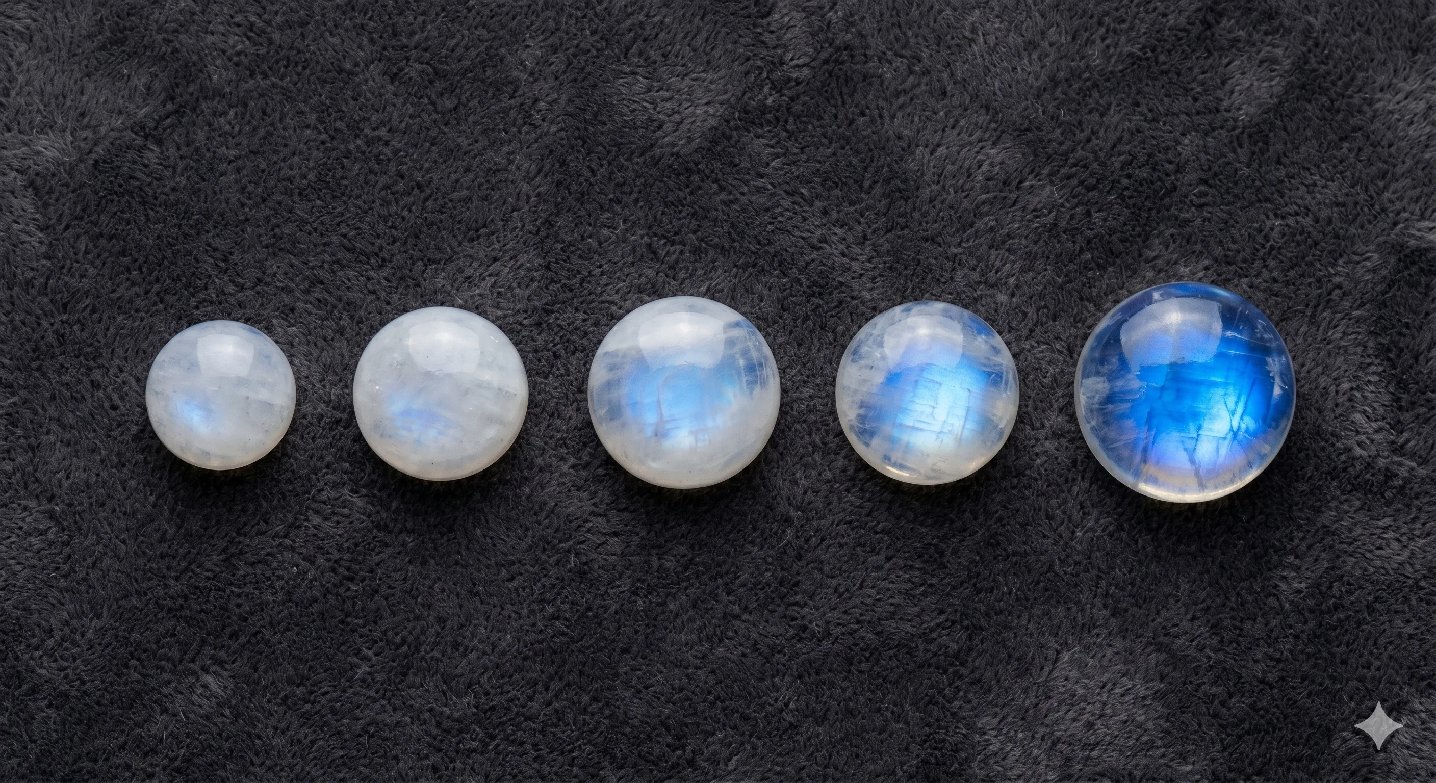 Five graded Ceylon moonstone cabochons arranged in a row by adularescence intensity on dark velvet, photographed from above