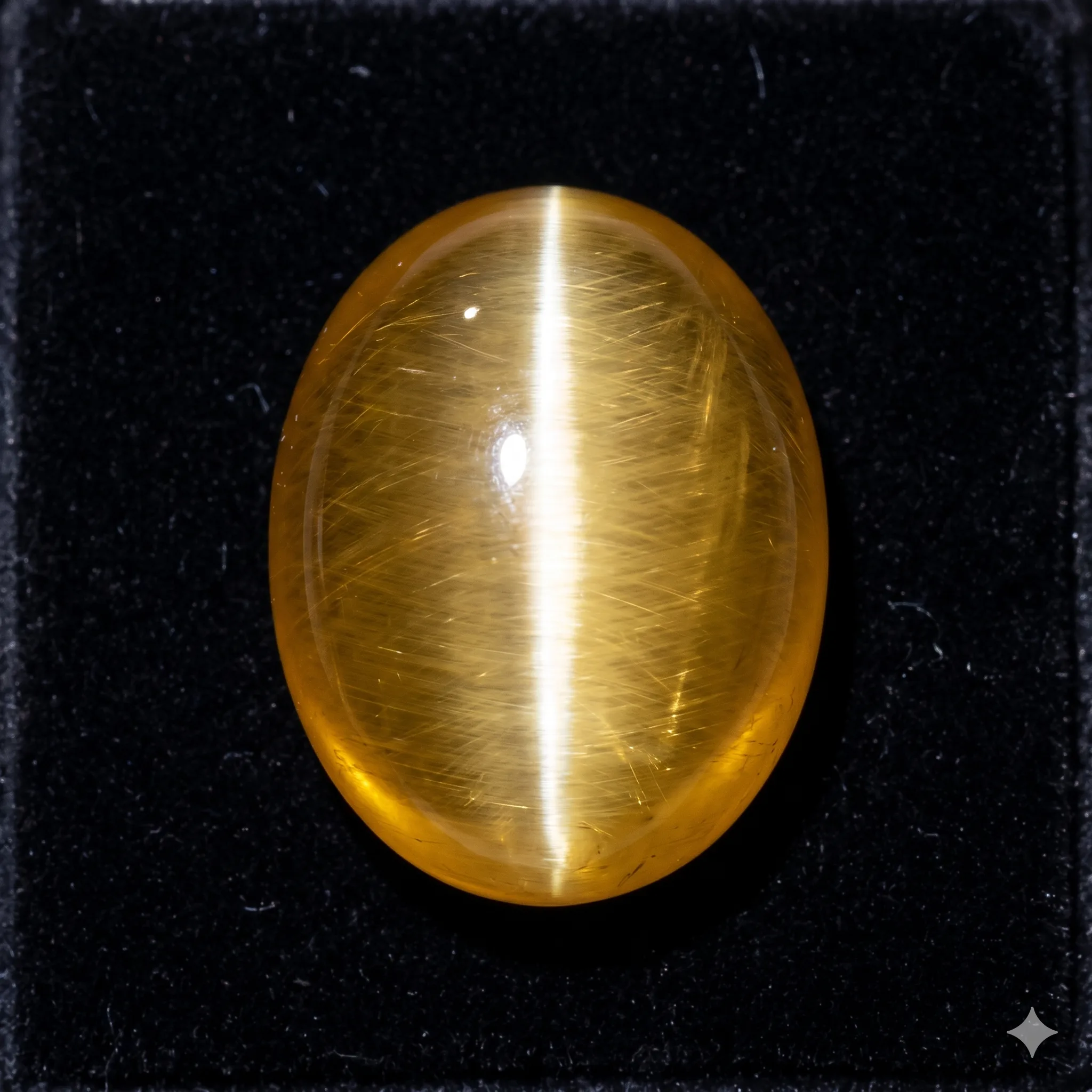 Top view of a Ceylon cat's eye chrysoberyl cabochon showing a sharp centred white band running perpendicular to the long axis over a honey-gold body
