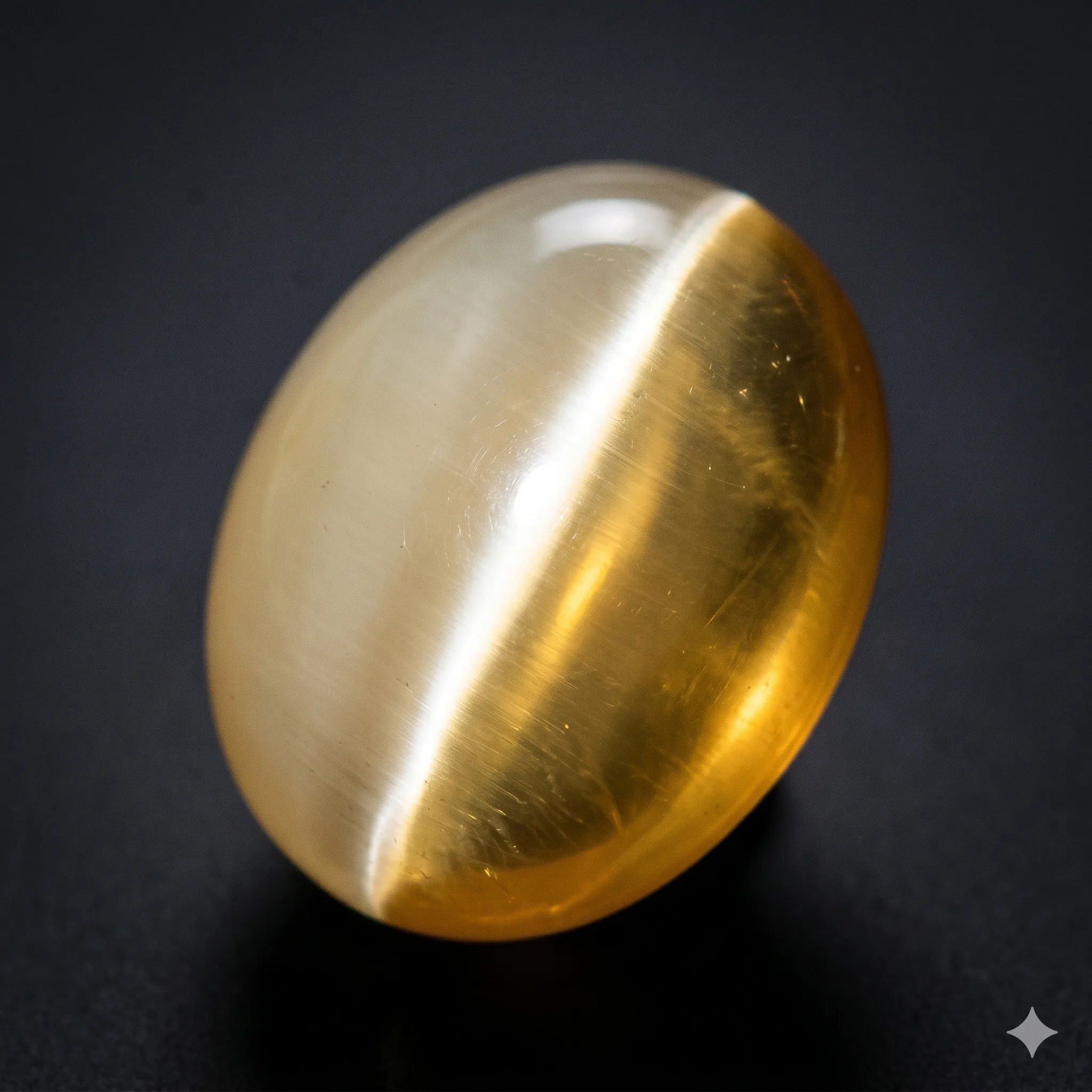 A Sri Lankan cat's eye chrysoberyl cabochon held at an angle under a single direct light source, showing the milk and honey effect where half the stone appears creamy white and half honey gold, with a bright eye running between them