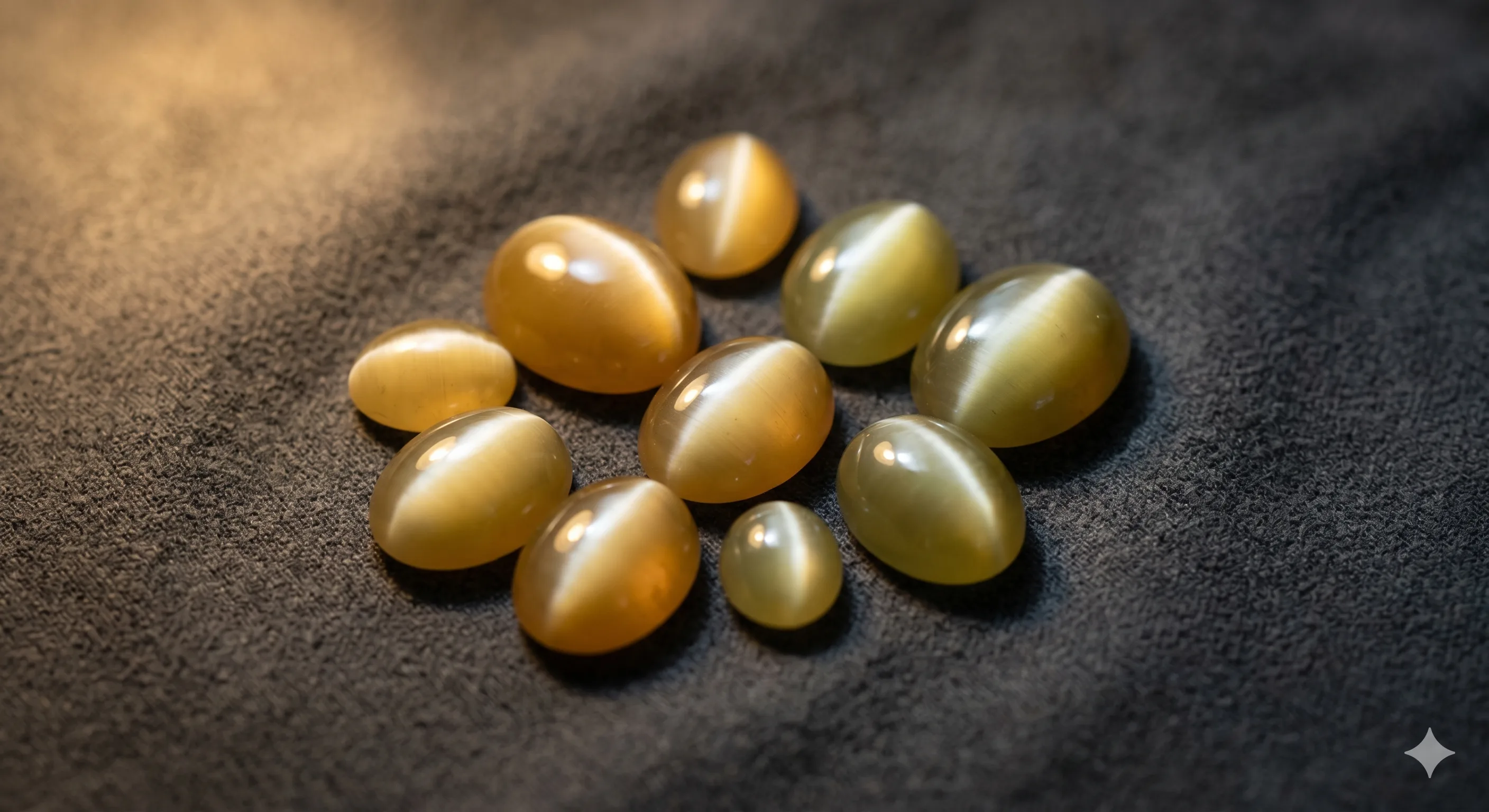 A tray of loose Sri Lankan cat's eye chrysoberyl cabochons arranged on a dark grey cloth under a single warm lamp, showing a range of sizes with the eye visible in each stone