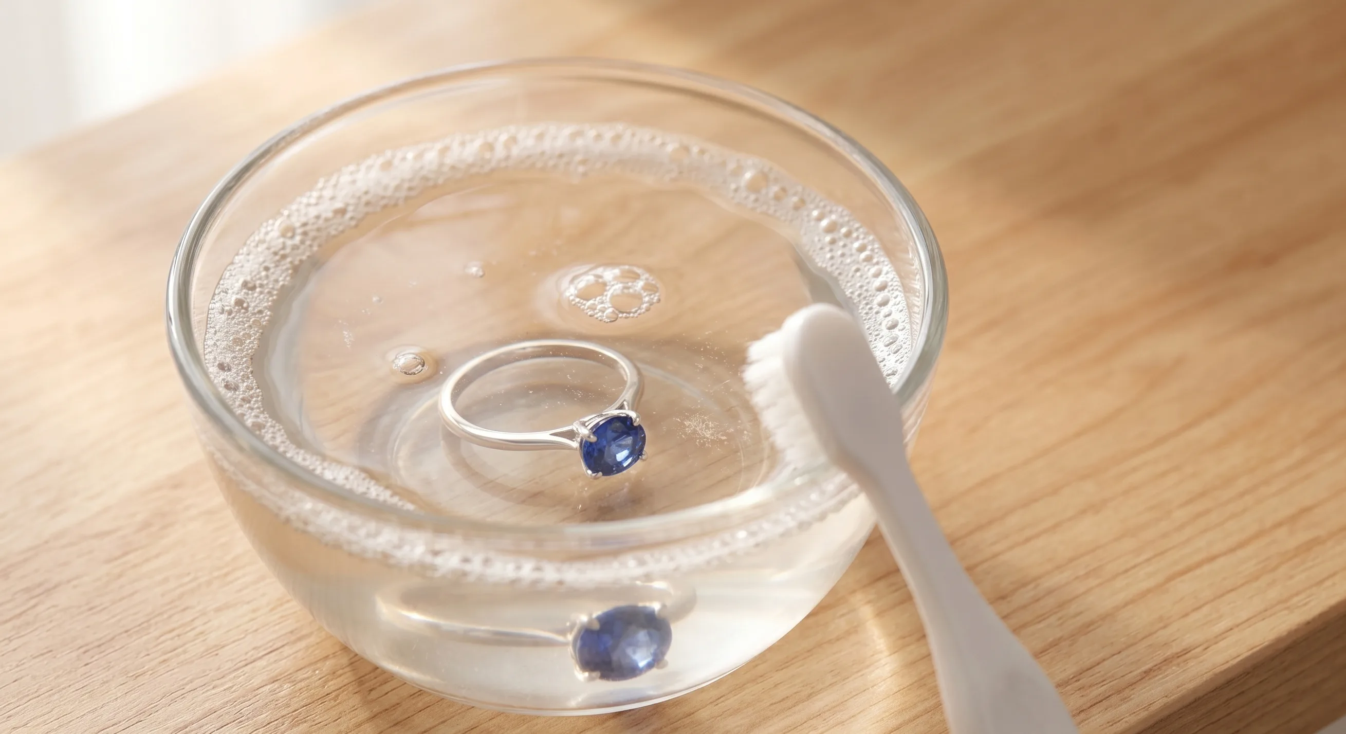 A sapphire engagement ring submerged in a small clear glass bowl of warm soapy water with bubbles around it, soft baby toothbrush resting on the rim, soft window light from the upper left