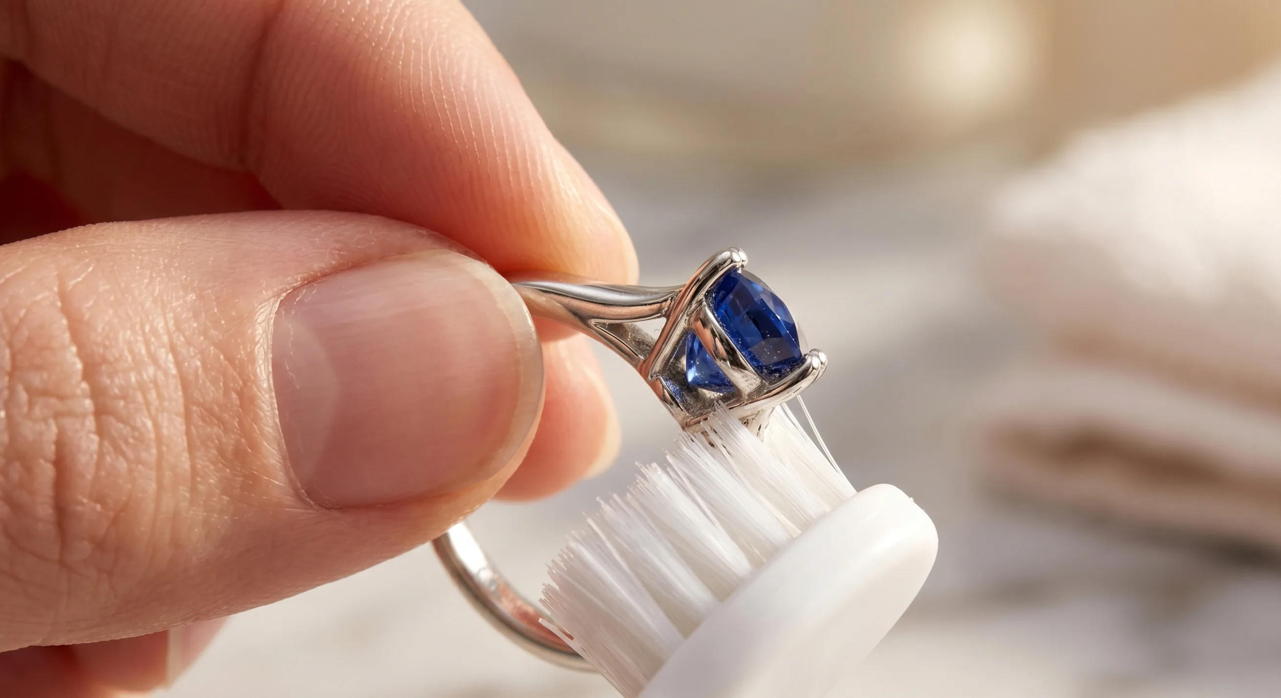 Macro close-up of a soft white toothbrush gently brushing the underside of a sapphire engagement ring's prong setting, fingertips visible holding the ring at the band