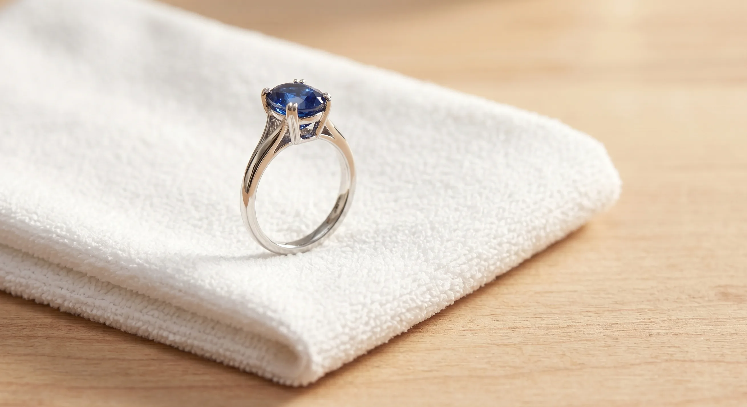 A clean Ceylon sapphire engagement ring placed on a folded white microfibre cloth on a warm wooden surface, side angle with soft natural light, ring positioned in the upper left