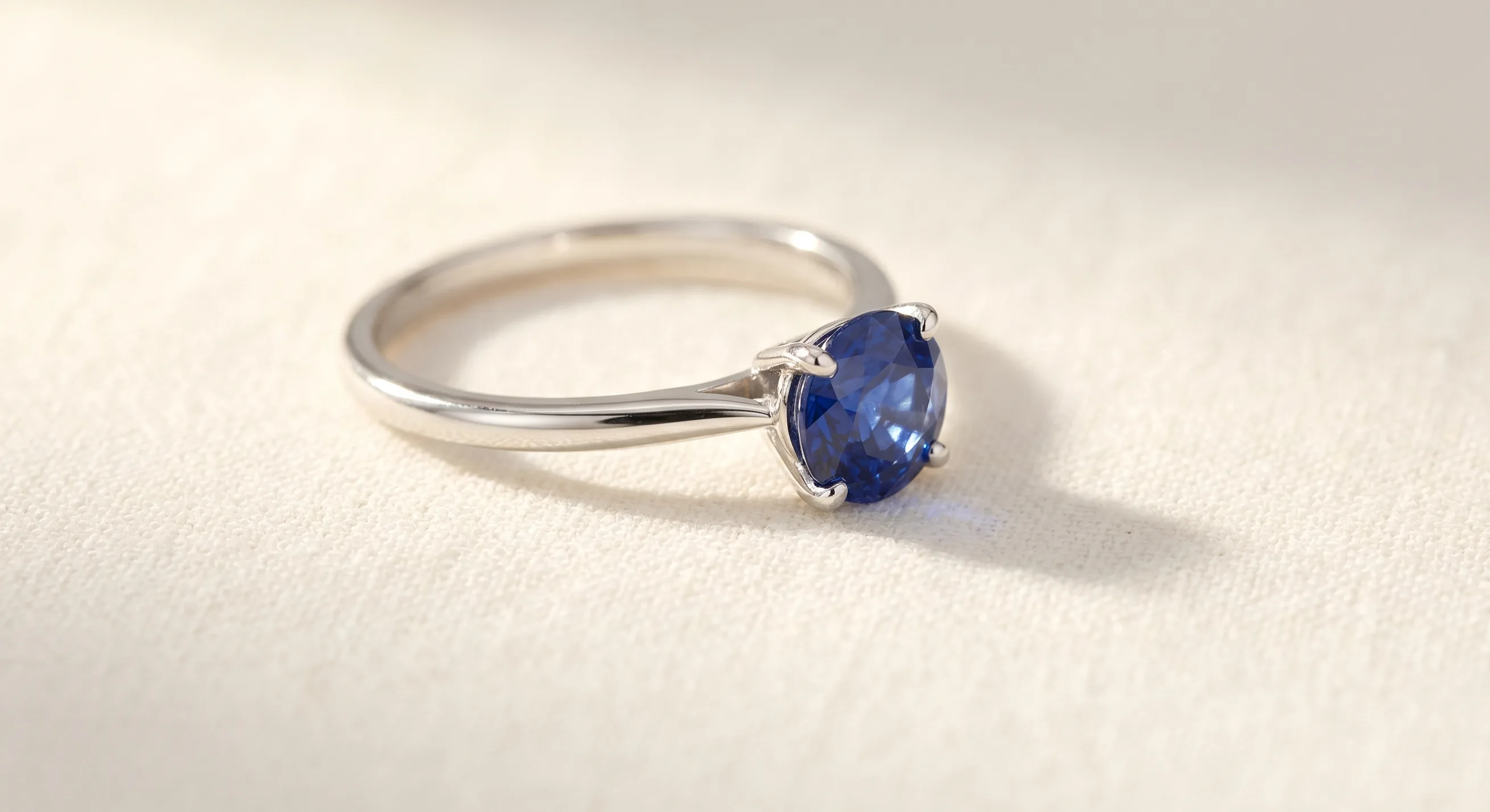 A clean Ceylon blue sapphire ring in a fine prong setting resting on a soft cream linen surface, side angle, soft warm window light catching the stone