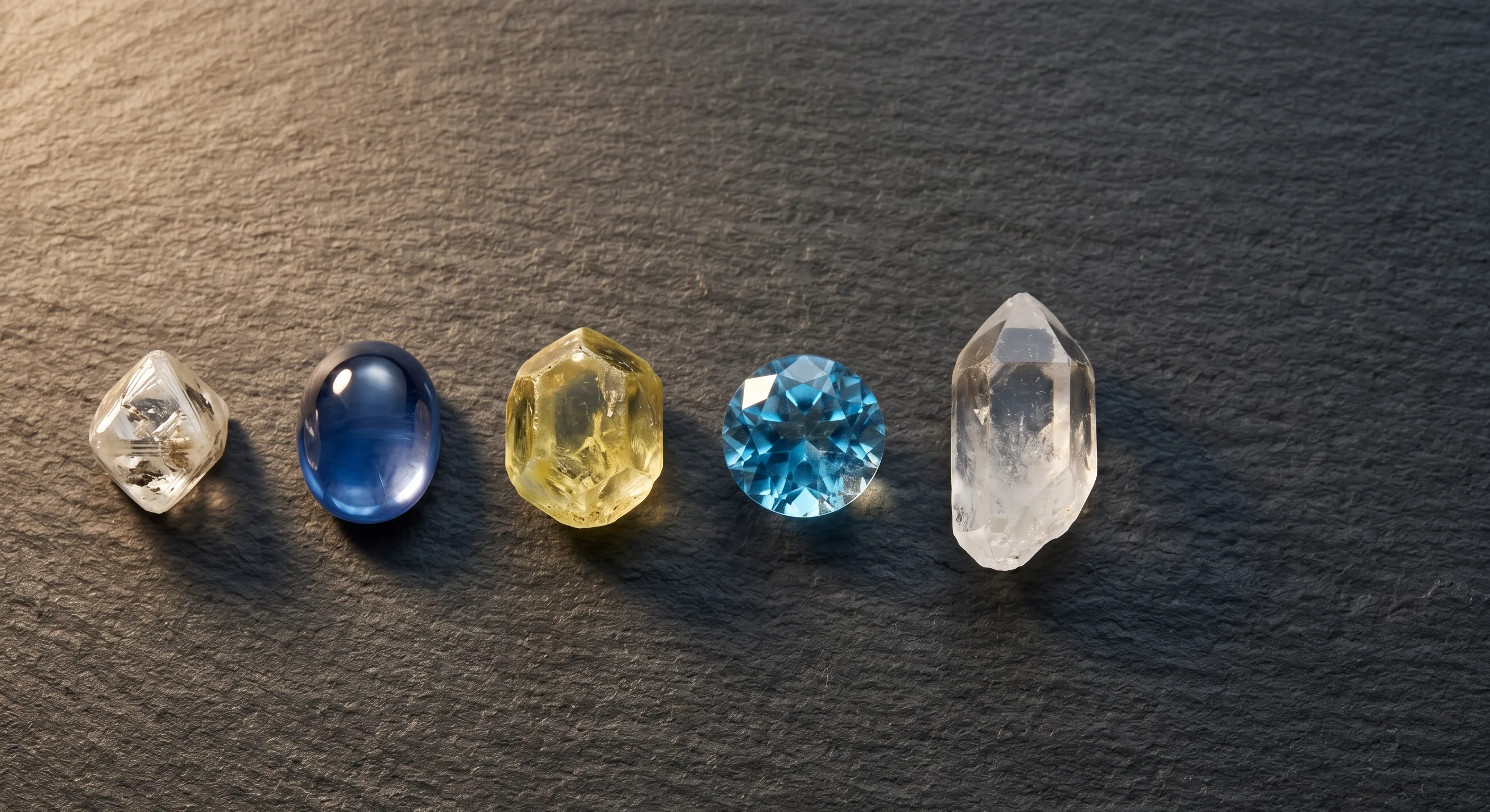 Top-down arrangement of natural gem crystals on a dark slate surface representing the upper Mohs scale: a diamond, a Ceylon sapphire, a yellow chrysoberyl, a topaz, and a quartz point