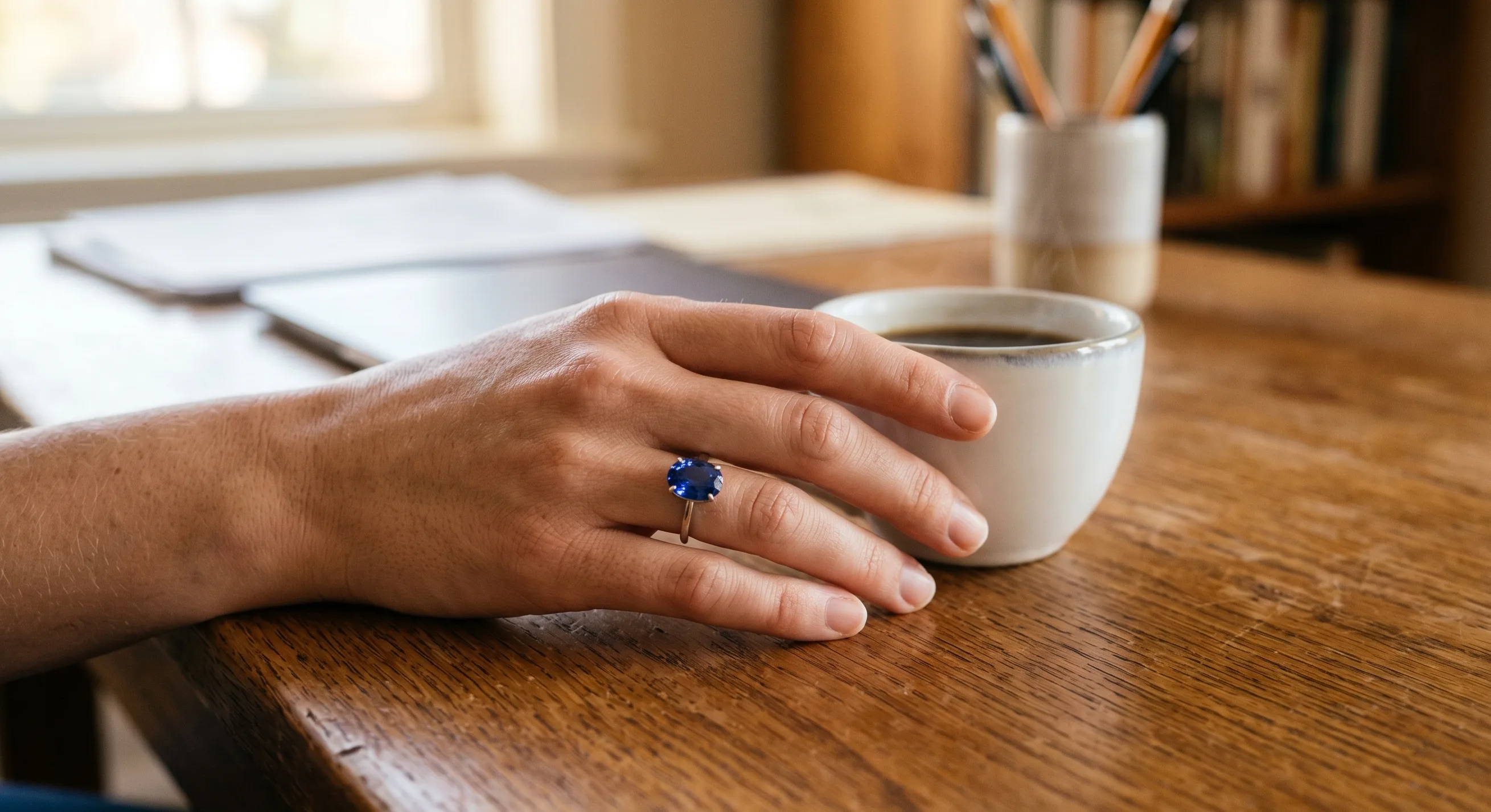Close-up of a hand with a Ceylon blue sapphire engagement ring resting against a porcelain coffee cup on a wooden desk, late afternoon natural light from the upper left, signs of natural daily use