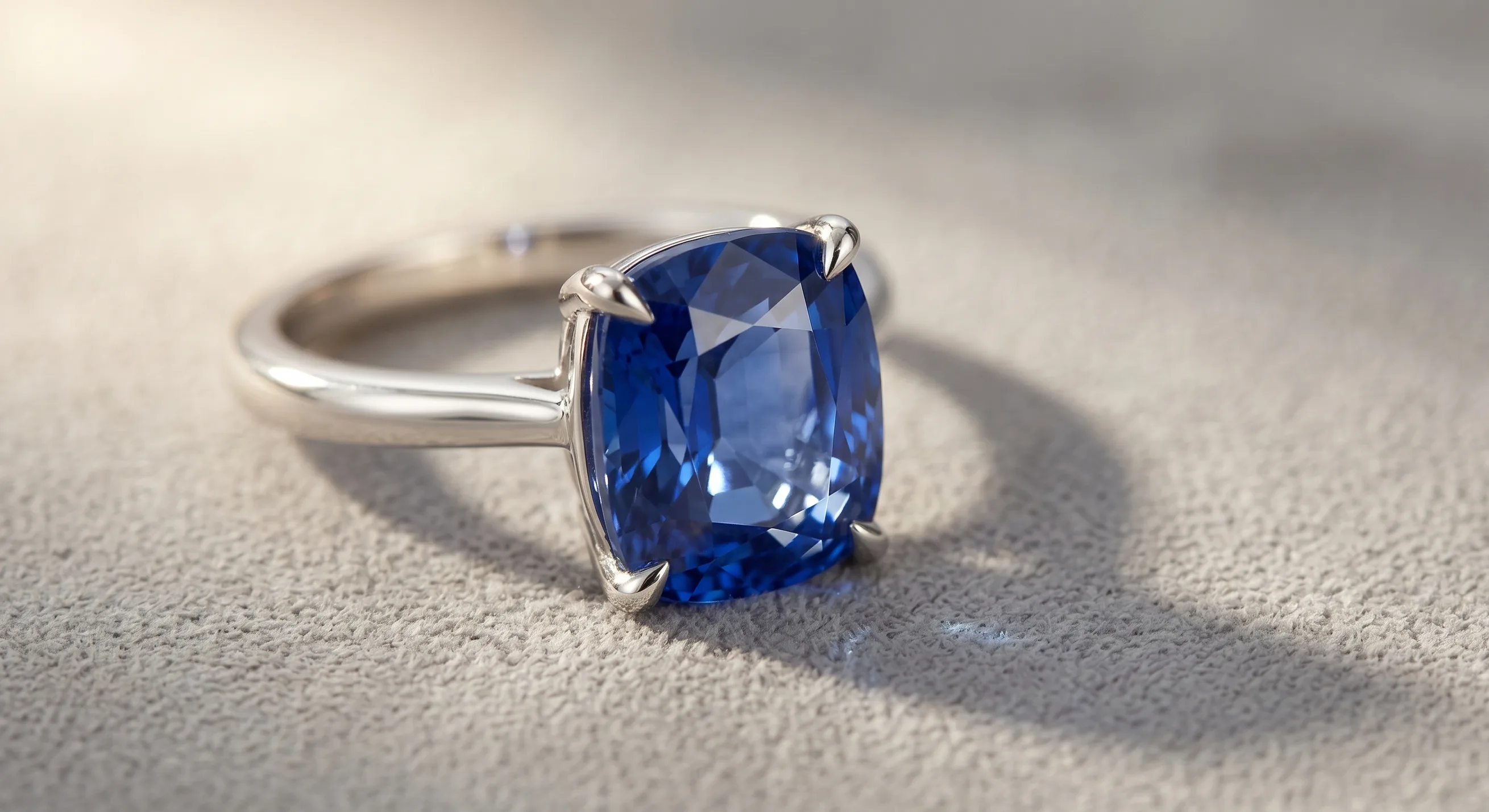 A Ceylon blue sapphire engagement ring on a soft dove-grey suede surface, side angle, soft warm window light from the upper left