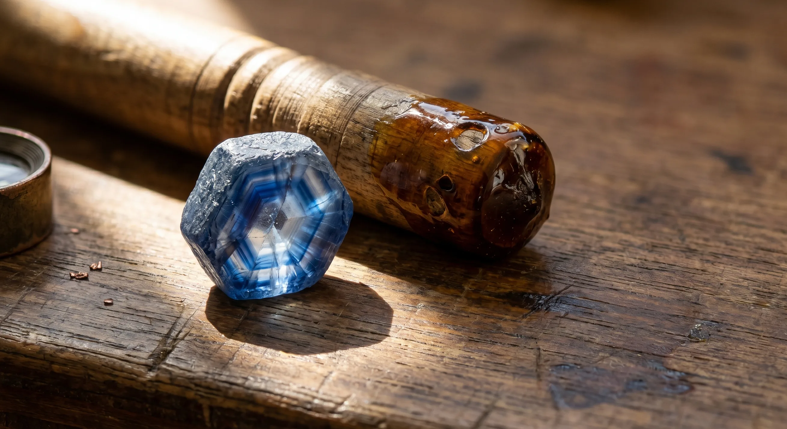 Close-up of a piece of rough Ceylon sapphire on a wooden surface beside a dop stick, with daylight catching the blue colour zoning visible inside the crystal.