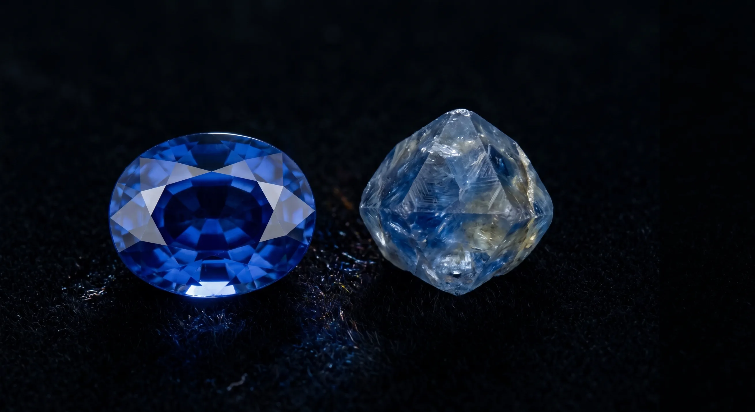 A finished Ceylon blue sapphire with sharp meet-points and clean polish placed beside its rough crystal, showing the weight retained from rough to cut.
