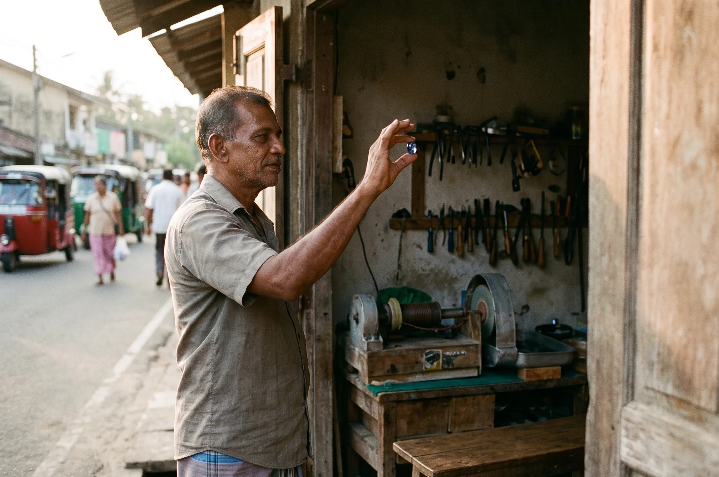 A Sri Lankan gem cutter holding a finished oval sapphire up to natural light beside a window, examining the face-up colour and meet-points.