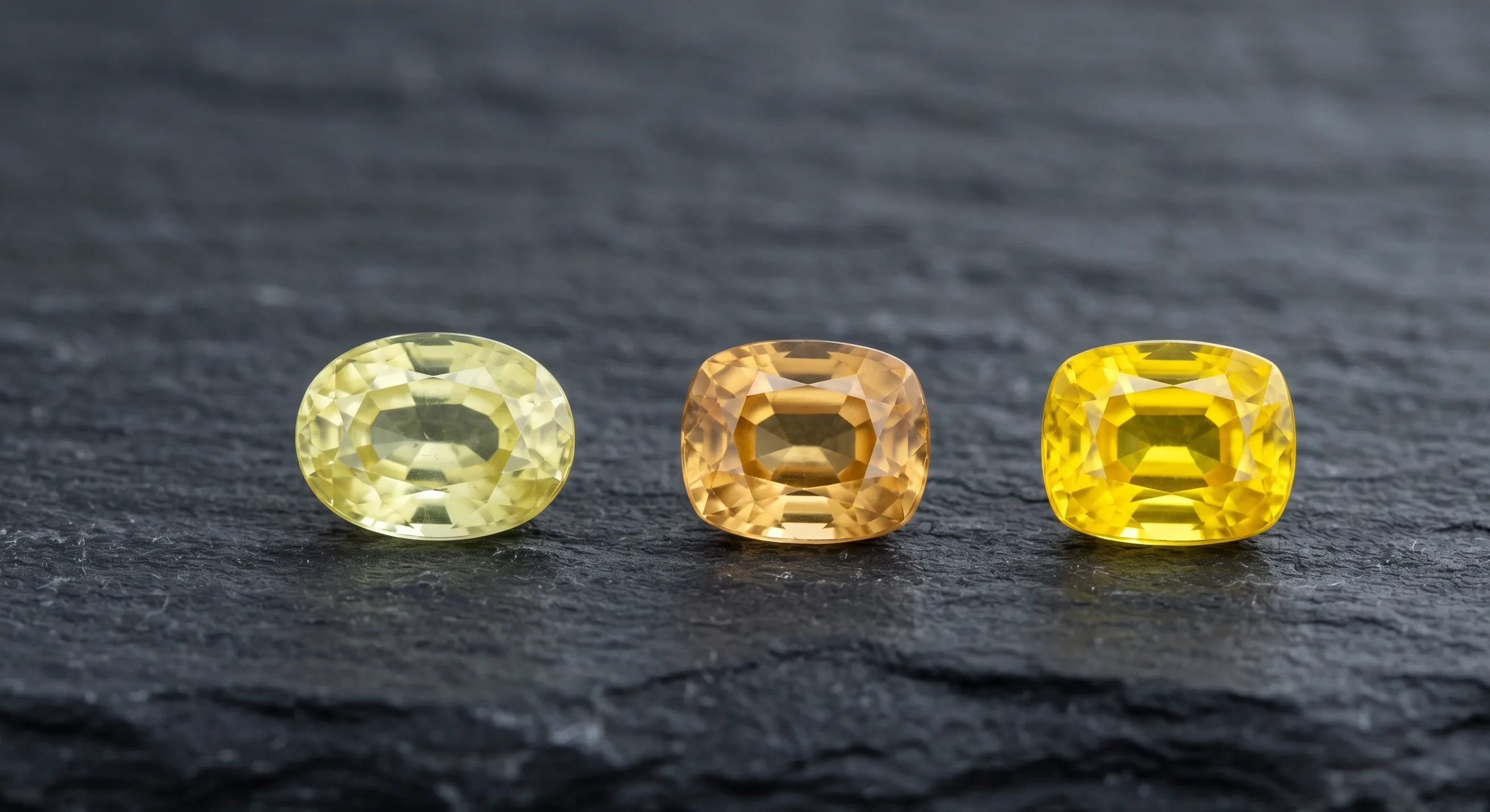 Three loose yellow Ceylon sapphires arranged in a neat row on dark slate, showing the colour range from pale lemon on the left, through warm golden in the centre, to vivid canary yellow on the right.