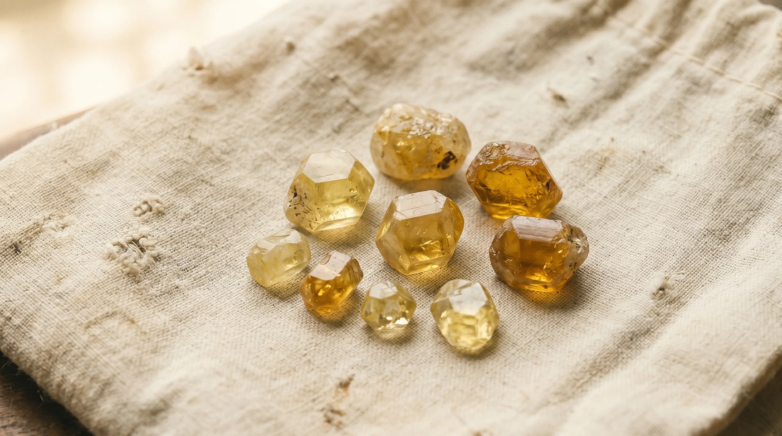 A small handful of rough yellow sapphire crystals from Ratnapura, with the characteristic hexagonal corundum habit visible, sitting on a piece of weathered cotton fabric in soft warm window light.