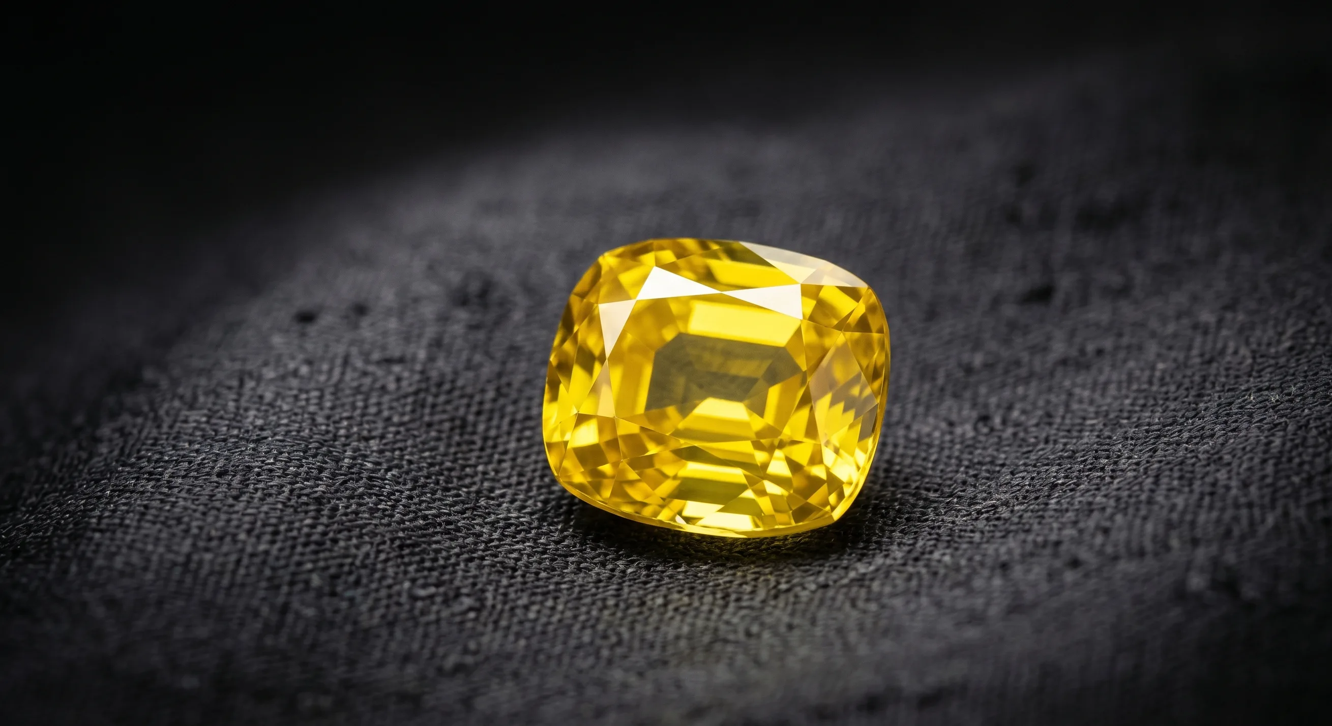 A single cushion-cut yellow Ceylon sapphire of about 3 carats with deep canary saturation, photographed on dark grey textured silk with a single soft side-light catching the table.