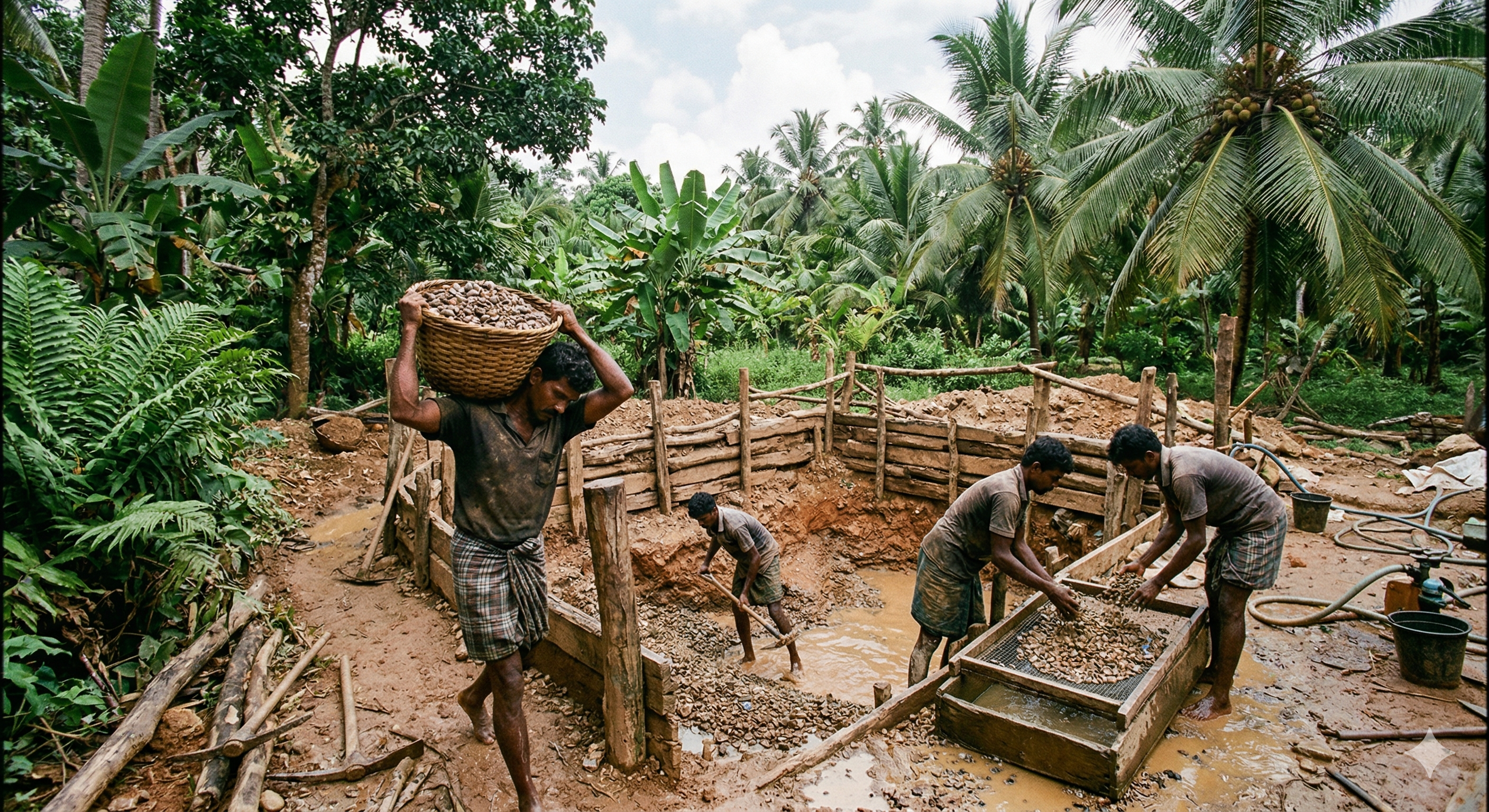 Lush Sri Lankan valley with flooded rice paddies, narrow paths and irrigation channels, ringed by dense tropical forest and palms.