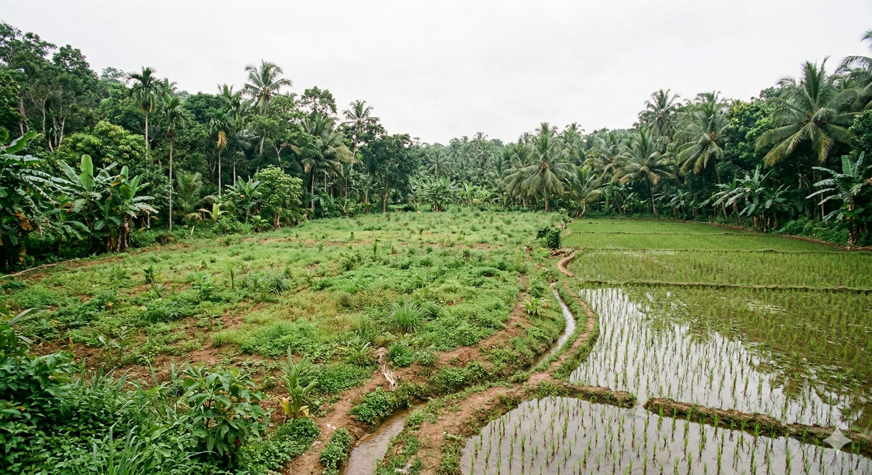 Small-scale gem miners at a timber-lined alluvial pit, hauling gravel and washing material on screens, with tropical jungle behind.