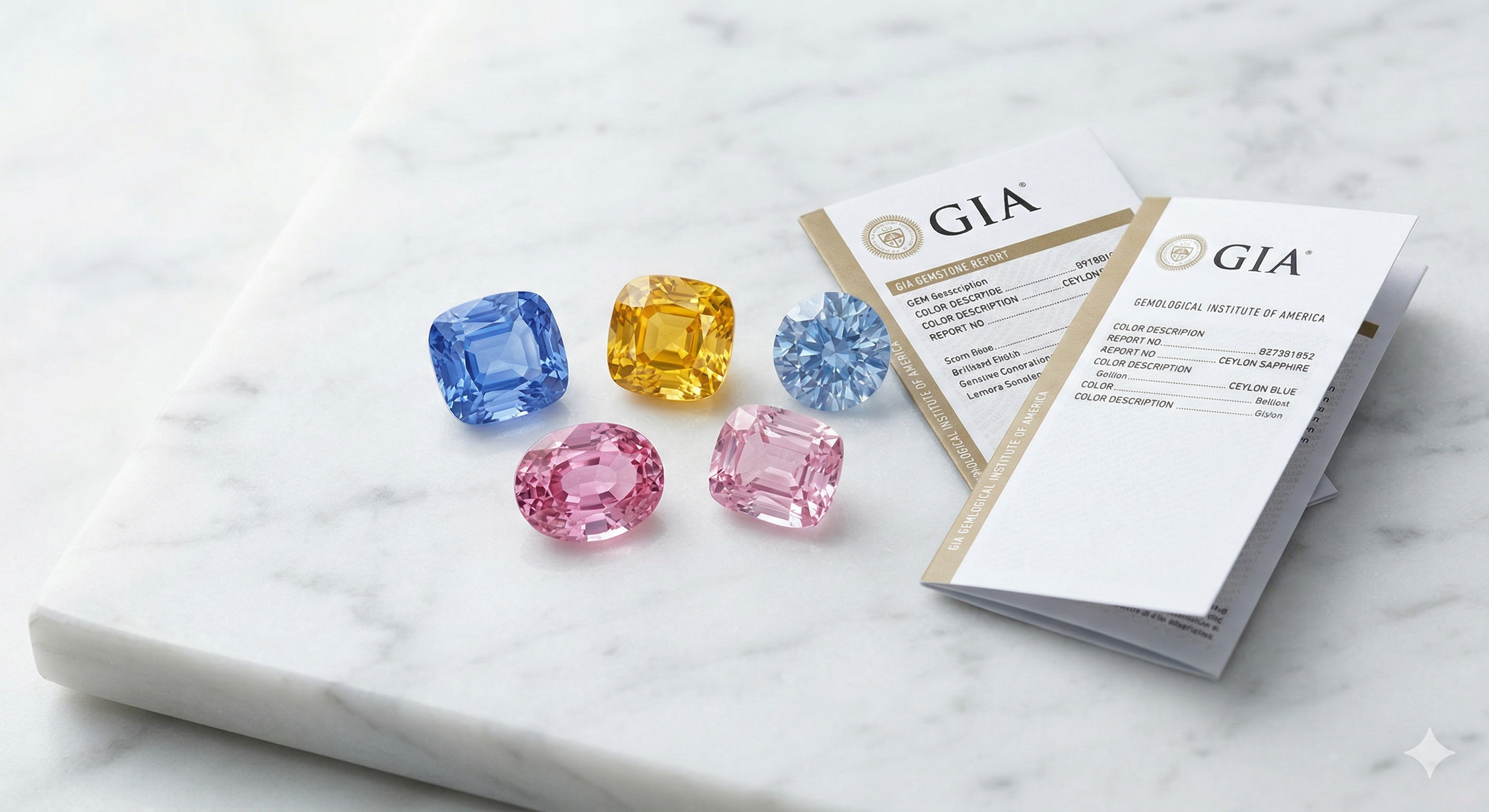Five faceted sapphires in blue, yellow, and pink hues on white marble beside GIA gemstone reports.