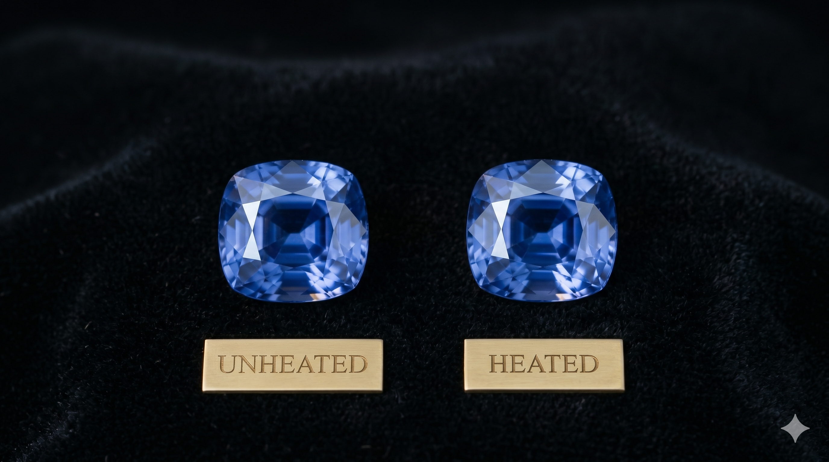 Two cushion-cut blue sapphires on black velvet with small gold plaques reading UNHEATED and HEATED, showing how similar face-up color can look between treated and untreated stones.