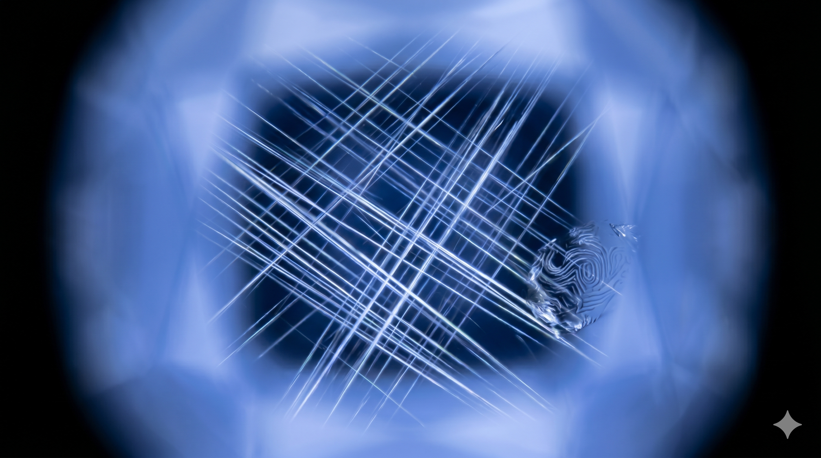 Photomicrograph into a blue sapphire: intact rutile silk needles in a sharp grid pattern and a fingerprint-style inclusion, typical of natural material before heat dissolves silk.