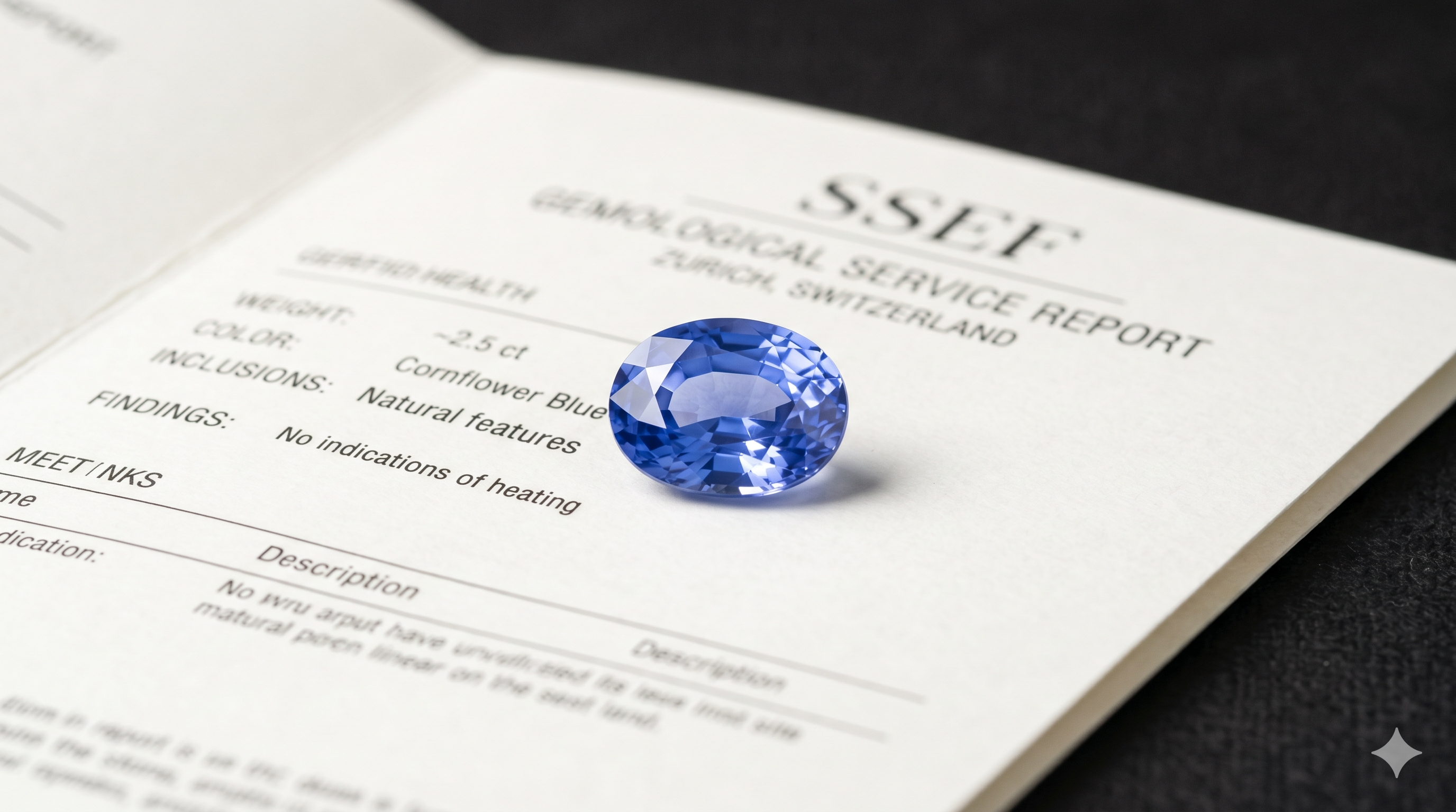 Oval cornflower blue sapphire on an SSEF gemological service report listing cornflower blue color and no indications of heating, on a dark background.