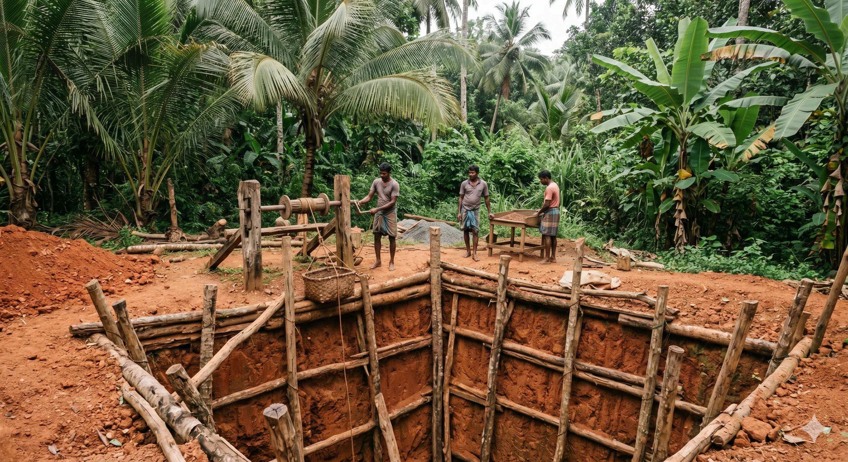 Aerial view of the Ratnapura gem district valley in Sri Lanka, with small-scale alluvial mining pits visible alongside rice paddies and tropical vegetation.