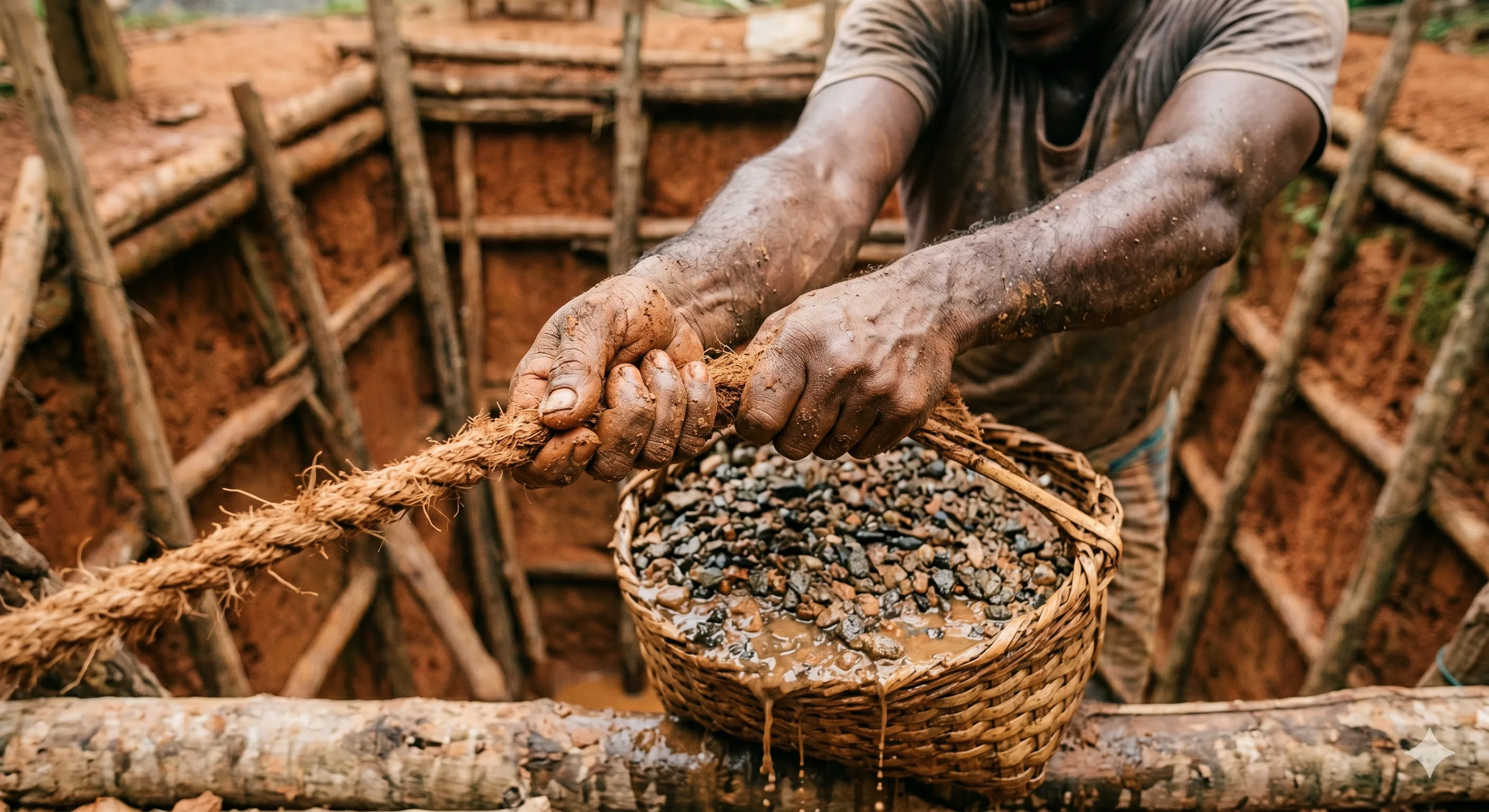 Sri Lankan gem miners standing in a shallow stream, washing illam gravel in woven baskets using circular motion to separate gem rough from sand and clay.