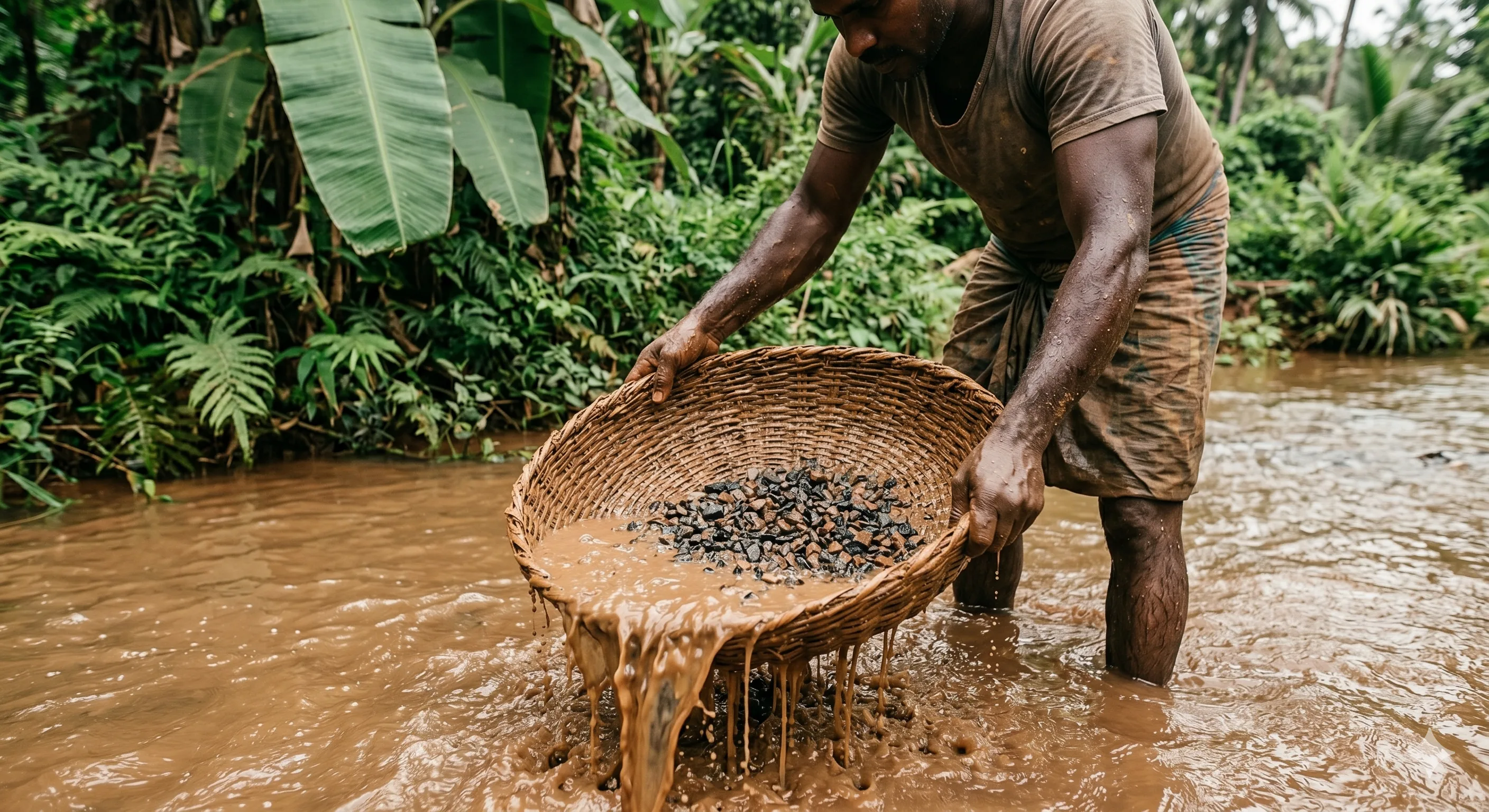 Close-up of a Sri Lankan gem sorter's hands examining wet illam concentrate on a wooden tray, picking out rough sapphire crystals by eye in Ratnapura.