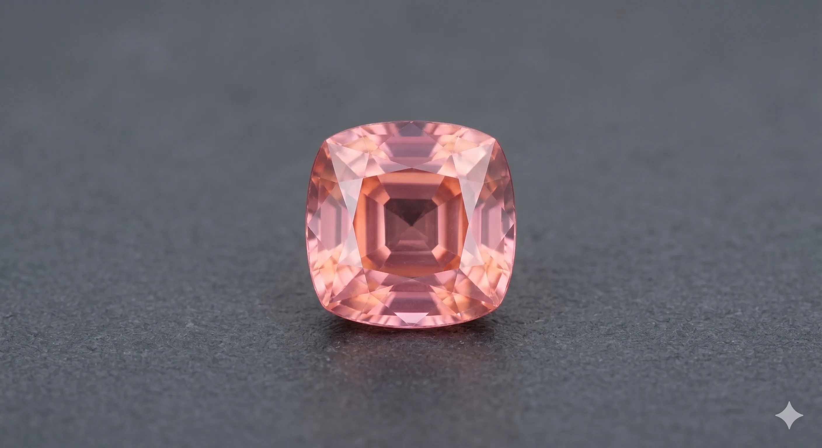 Cushion-cut faceted padparadscha sapphire in warm peach and pink tones on a dark textured surface under soft studio lighting.