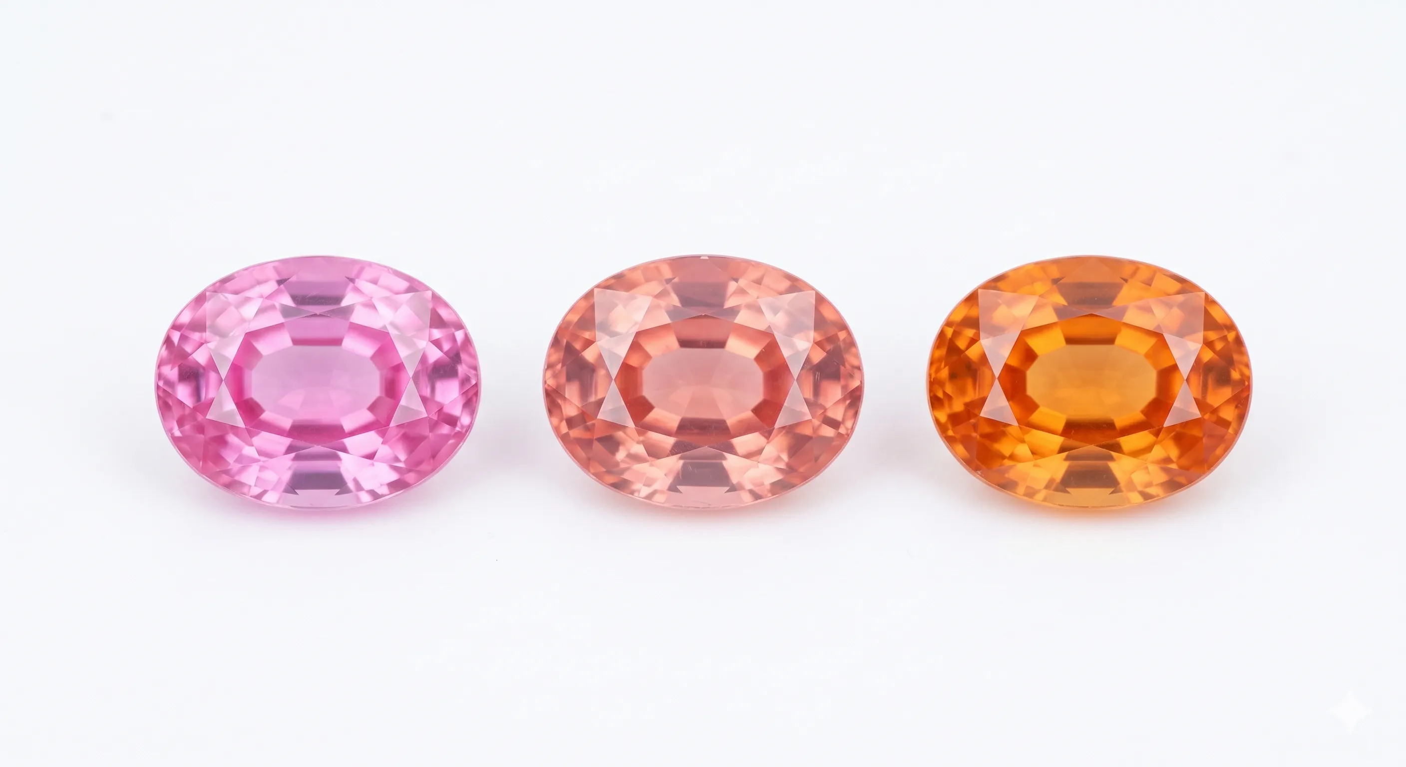 Three oval-cut faceted sapphires in a row on white: bright pink, peachy padparadscha, and deep orange.