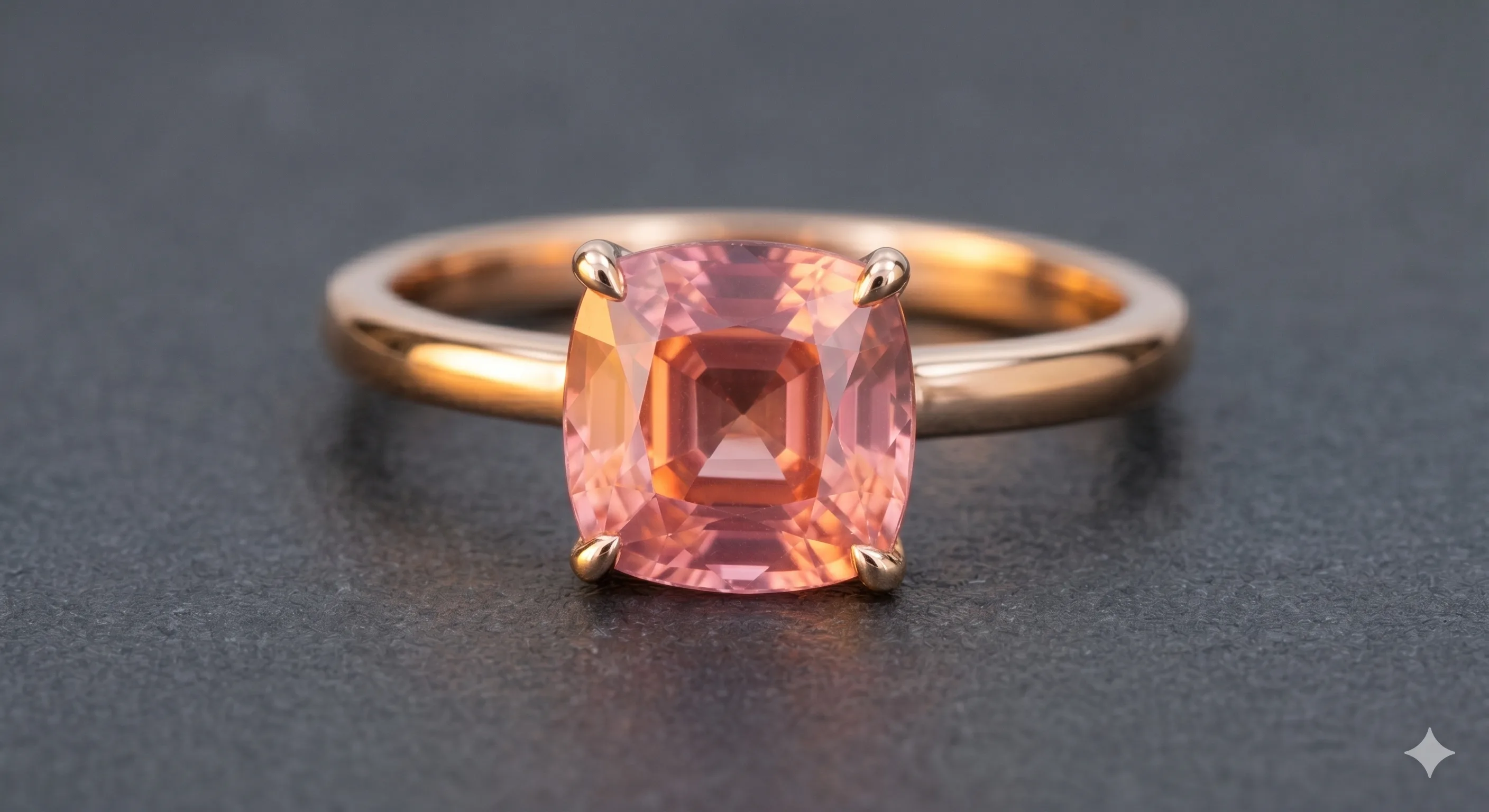 Solitaire ring with a cushion-cut padparadscha sapphire in a four-prong setting on a polished rose-gold band, on a dark matte surface.