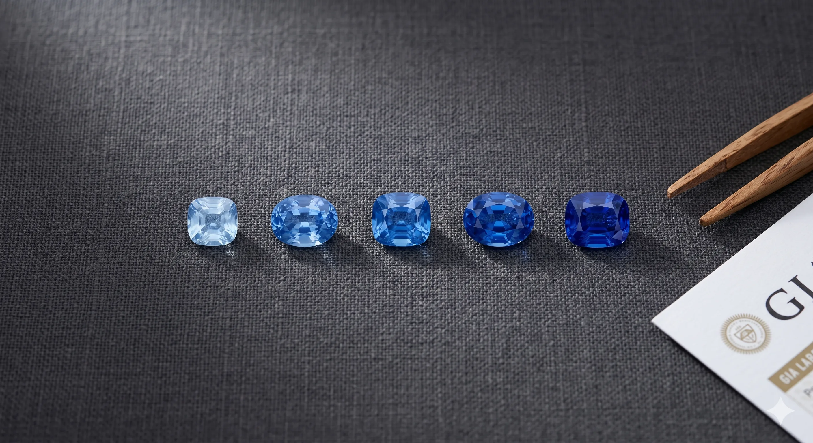 Overhead flat lay of five loose faceted Ceylon sapphires on charcoal linen arranged from pale sky blue to deep royal blue, next to a wooden gem tweezer and a printed GIA report.