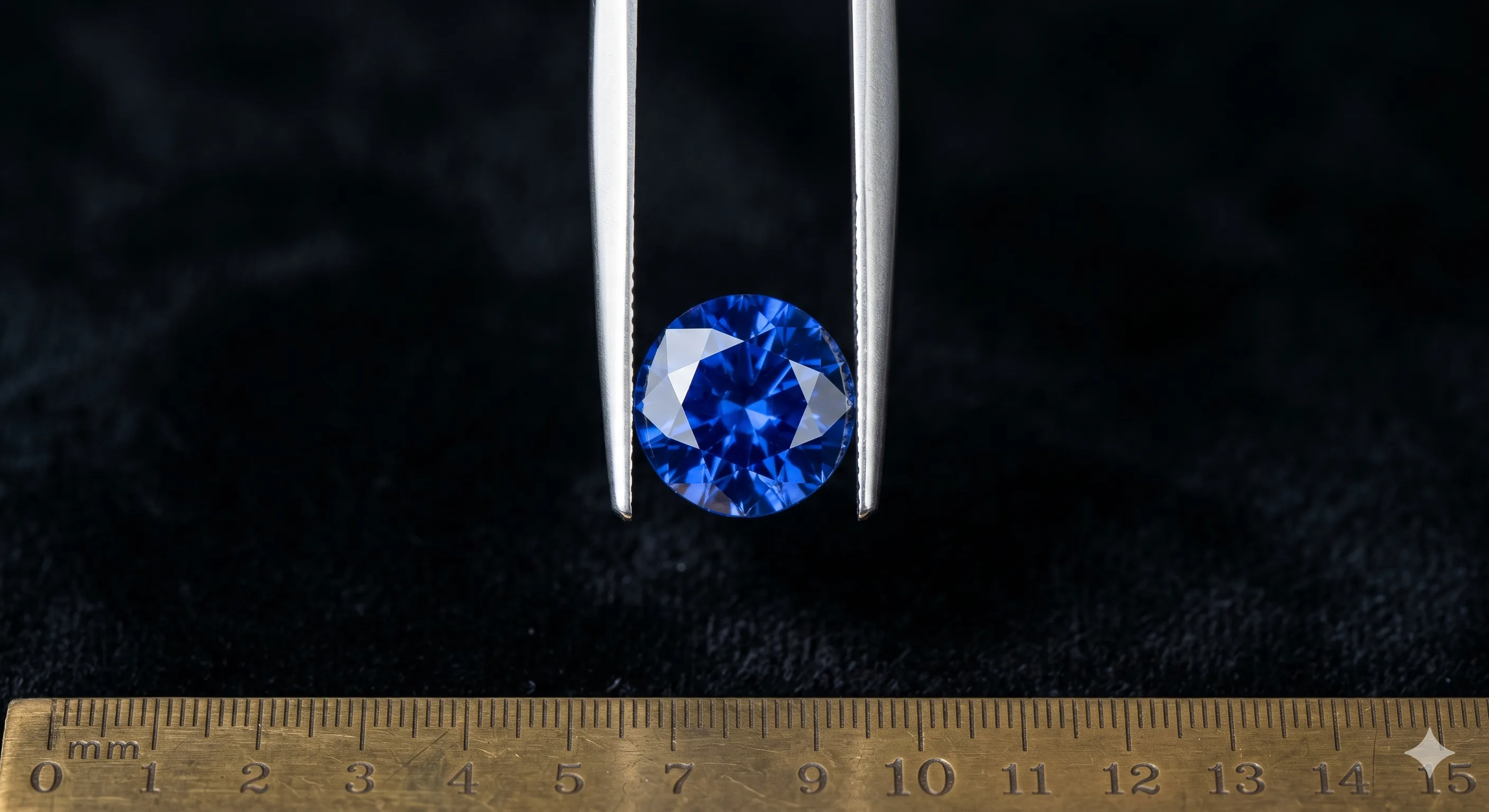 Macro close-up of a single round brilliant Ceylon sapphire held in polished steel gem tweezers against a black velvet backdrop with a brass ruler for scale.