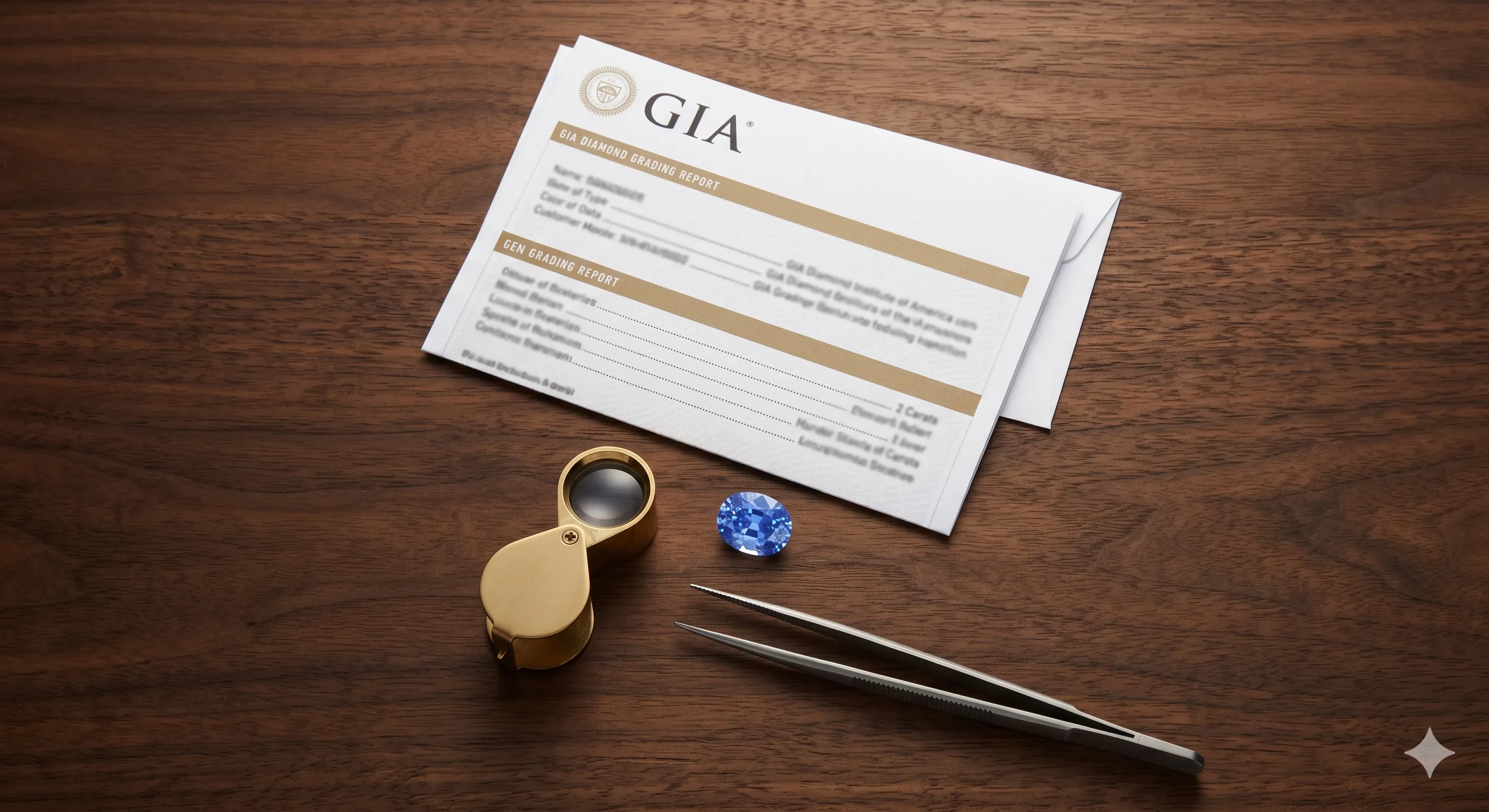Flat lay of a GIA gem grading report next to a two-carat oval Ceylon sapphire in cornflower blue on a dark wooden desk, with a jeweler's loupe and steel tweezers beside them.