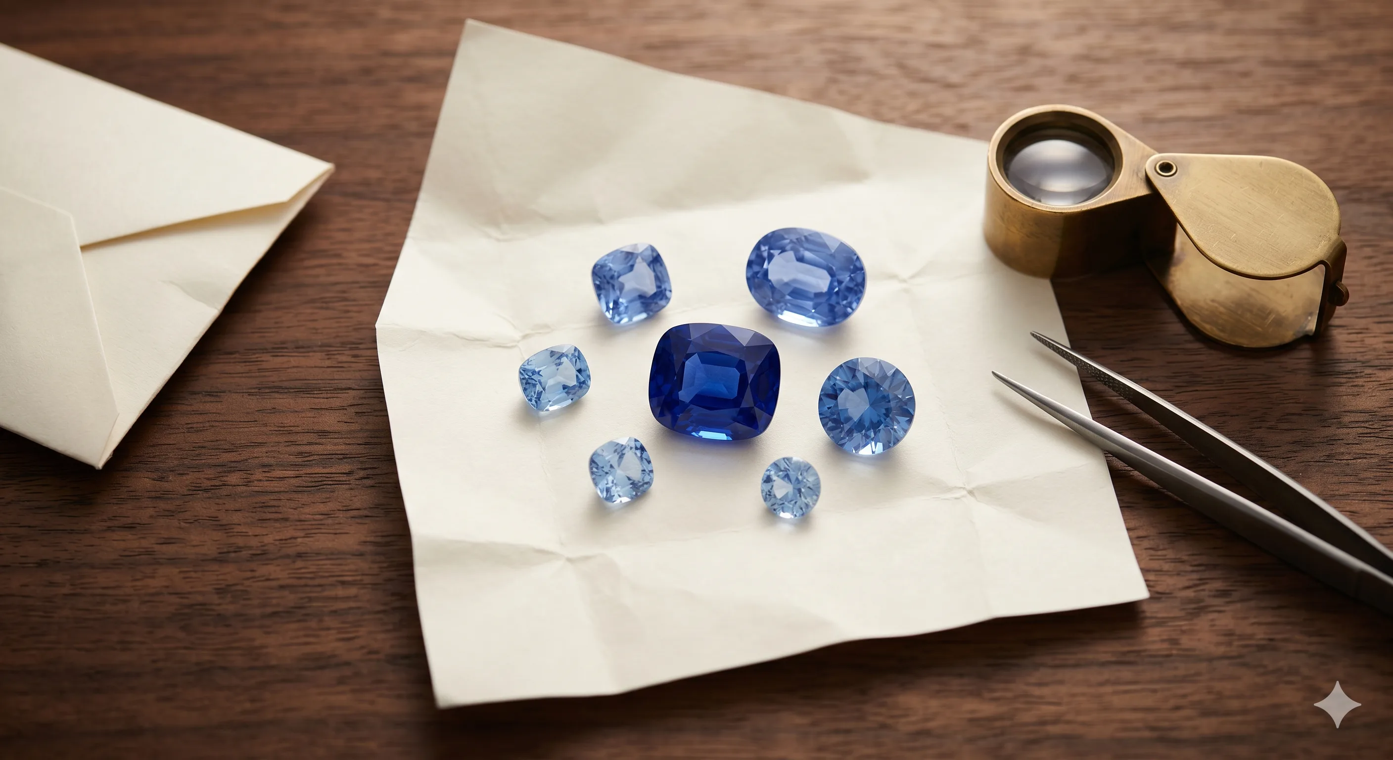 Loose parcel of six Ceylon sapphires of varying sizes spread on a white paper parcel sheet on a dark wooden desk, alongside a jeweler's loupe and steel tweezers.