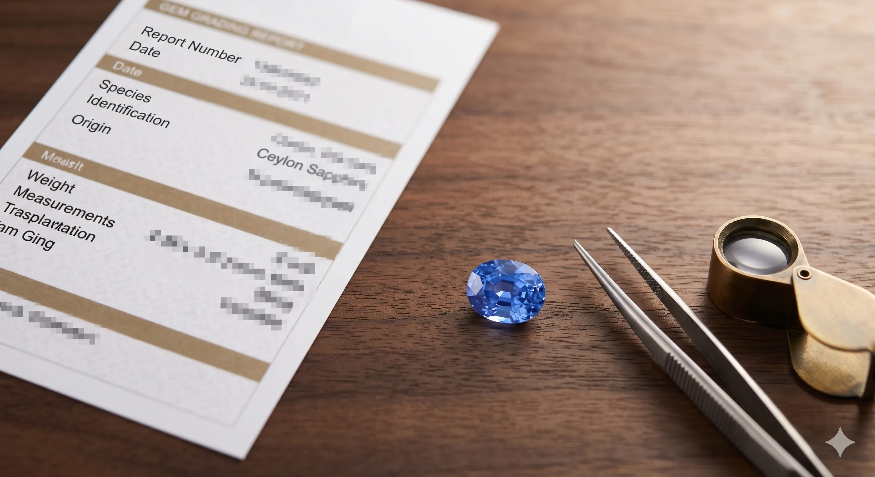 Overhead flat lay of a GIA colored stone report paper next to a faceted two-carat blue Ceylon sapphire, a jeweler's loupe, and steel gem tweezers on a dark walnut desk.