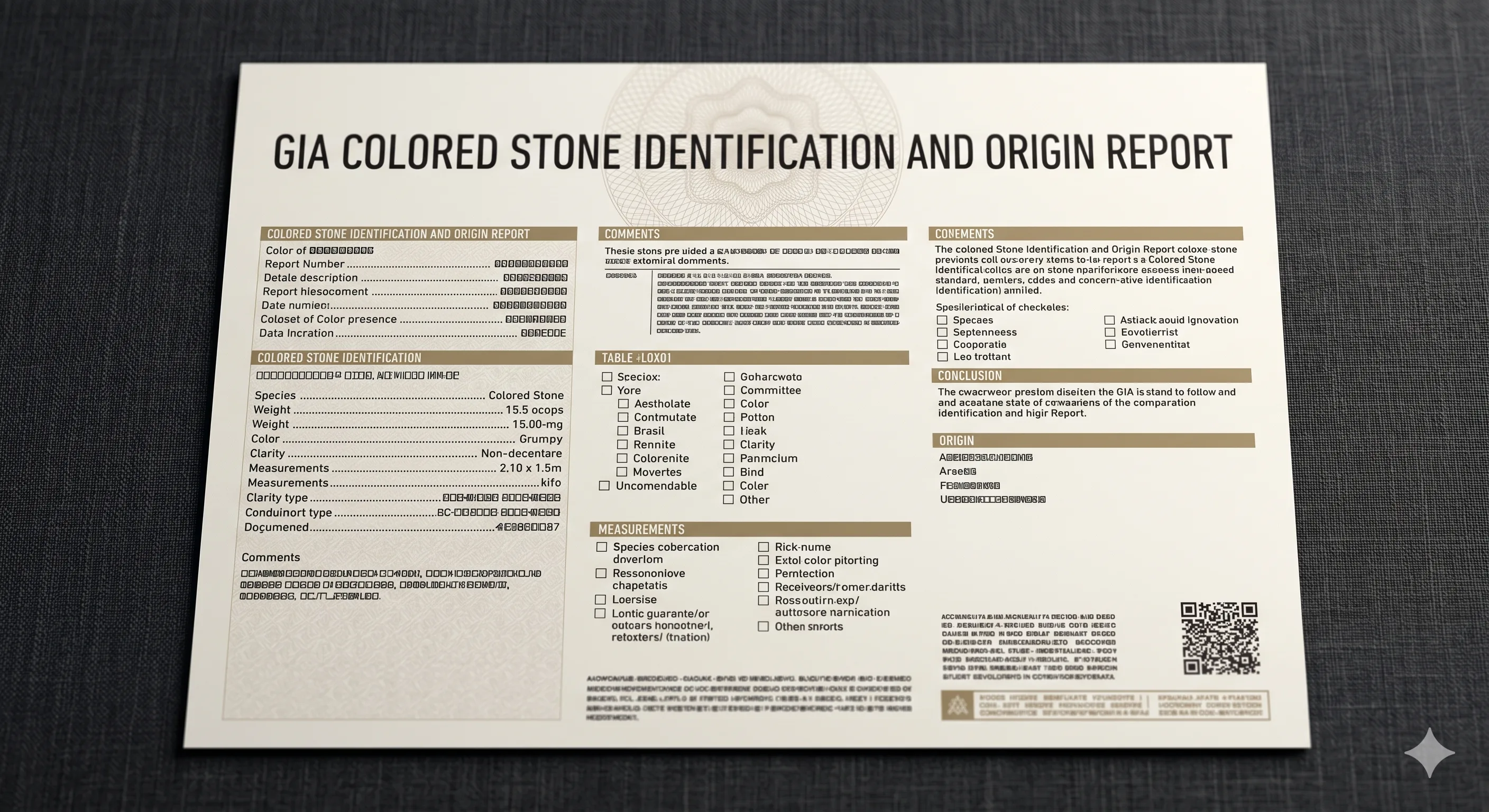 Close-up of a printed GIA Colored Stone Identification and Origin Report laid flat on dark fabric, with fields for weight, measurements, and treatment partially visible but not legibly detailed.